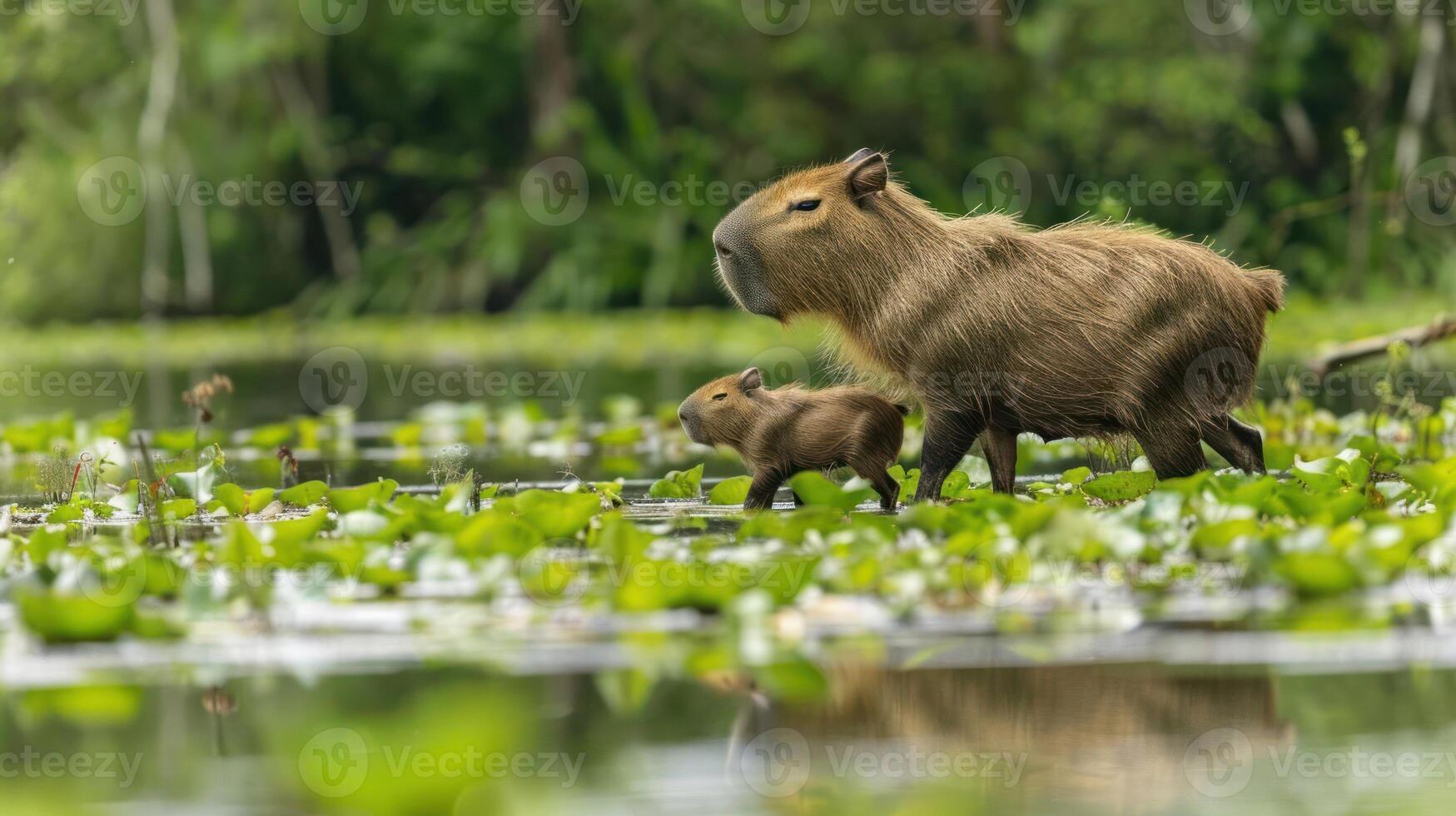 A capybara and its young walking through a lush wetland filled with green lily pads photo