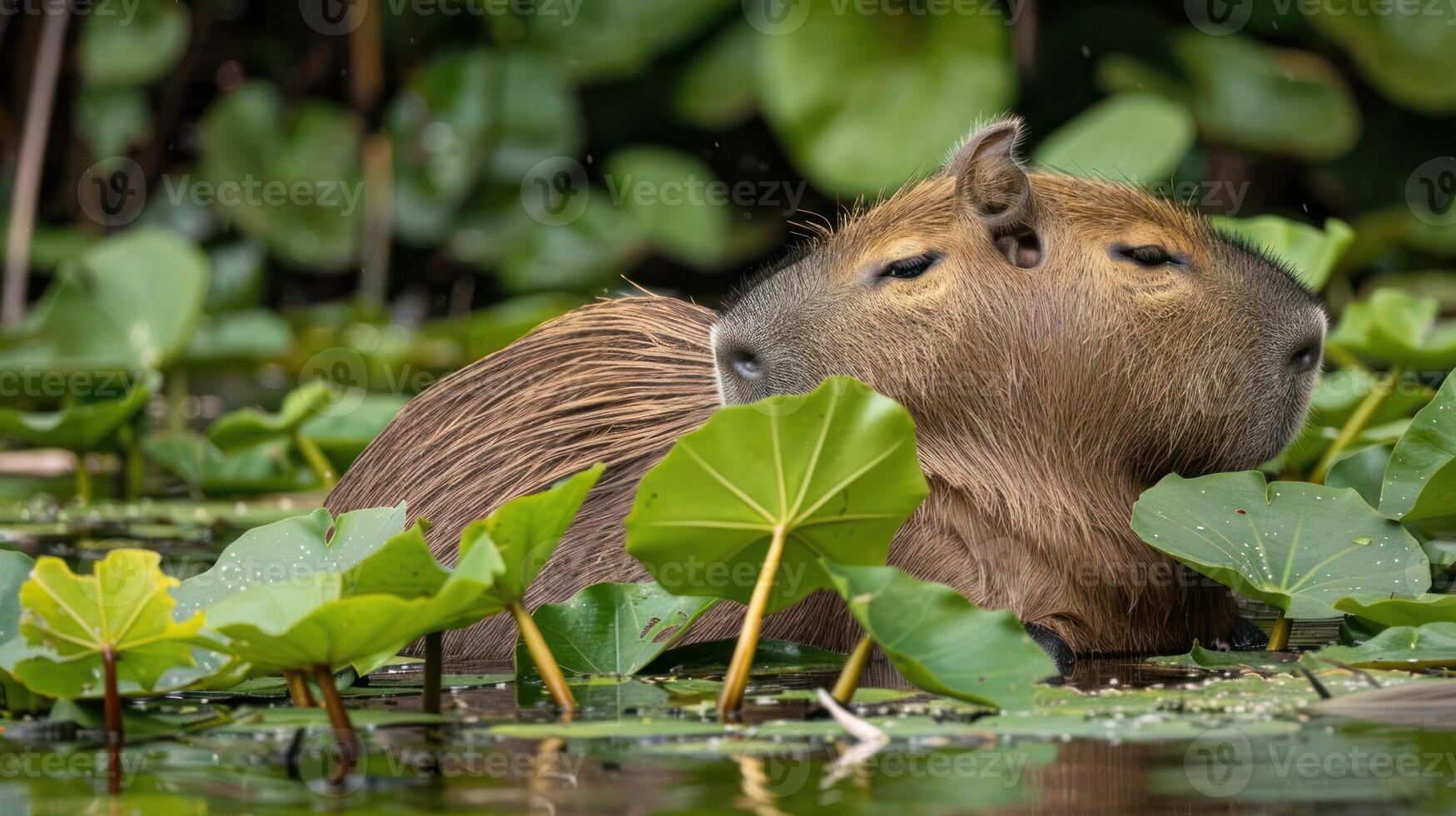 Capybara resting peacefully among lily pads in a serene wetland environment, showcasing nature's tranquility photo