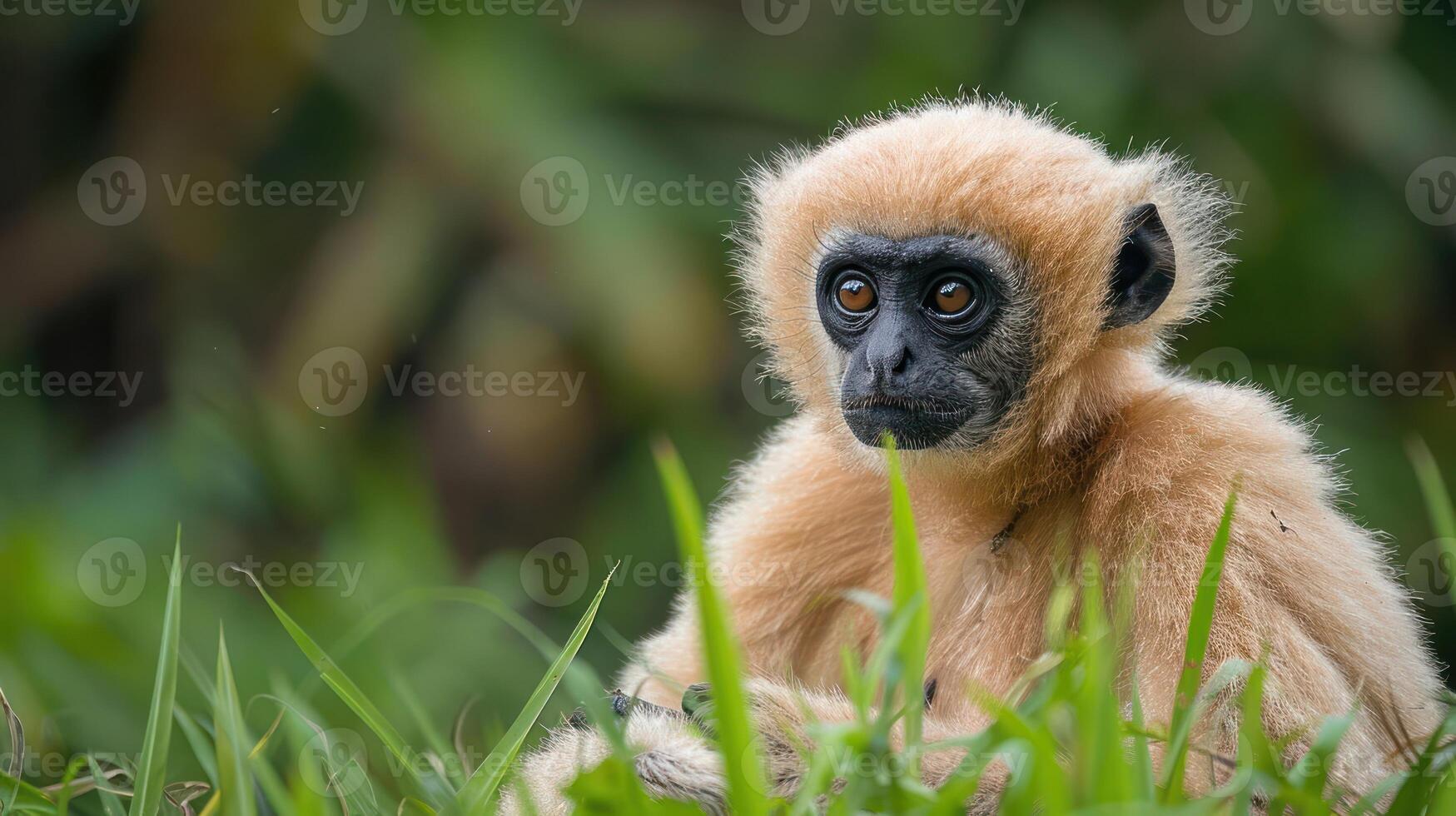 A serene gibbon resting in lush green grass, surrounded by a vibrant natural habitat photo
