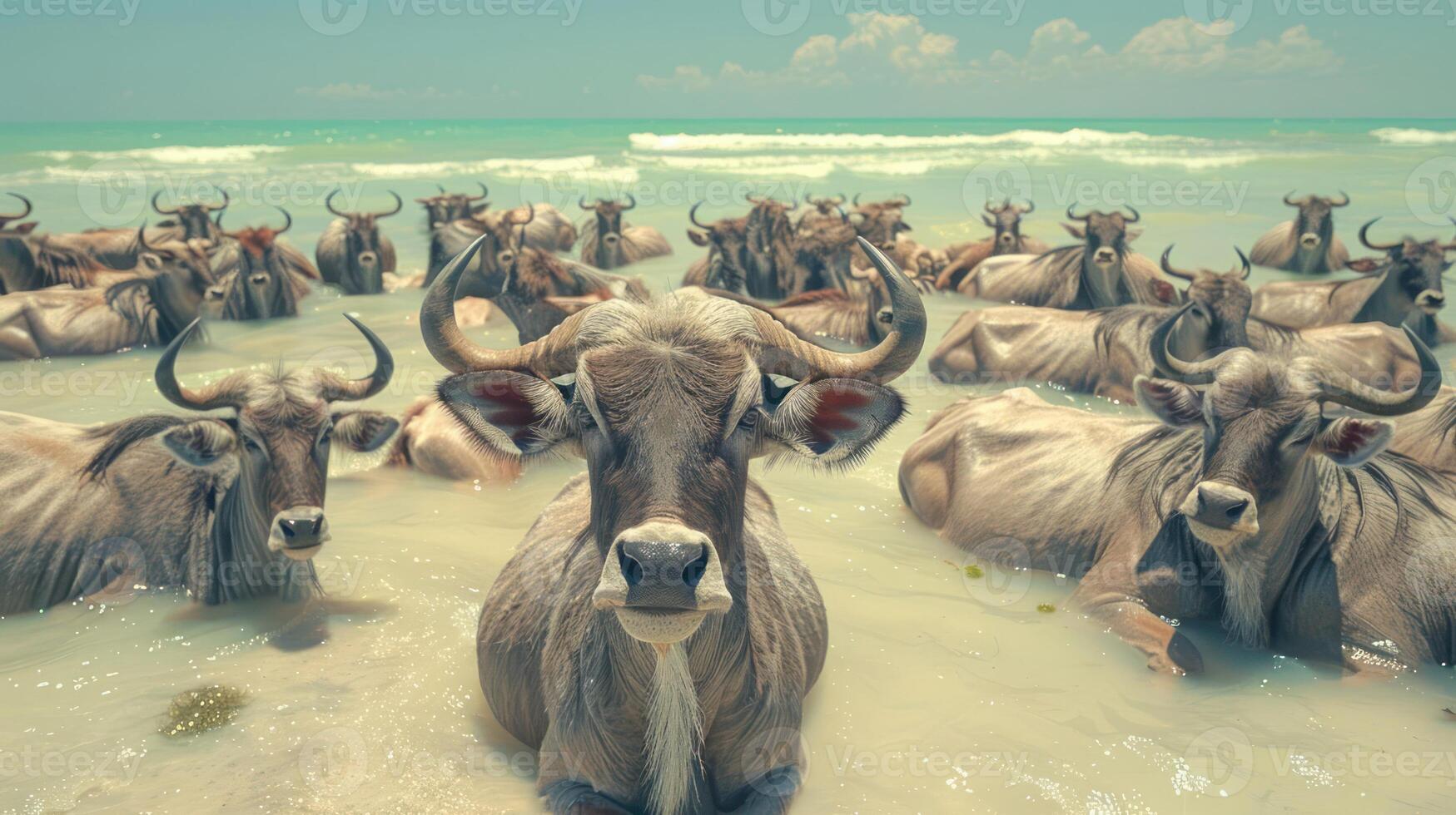 Herd of cows relaxing in shallow ocean water under a bright sky, with gentle waves in the background photo