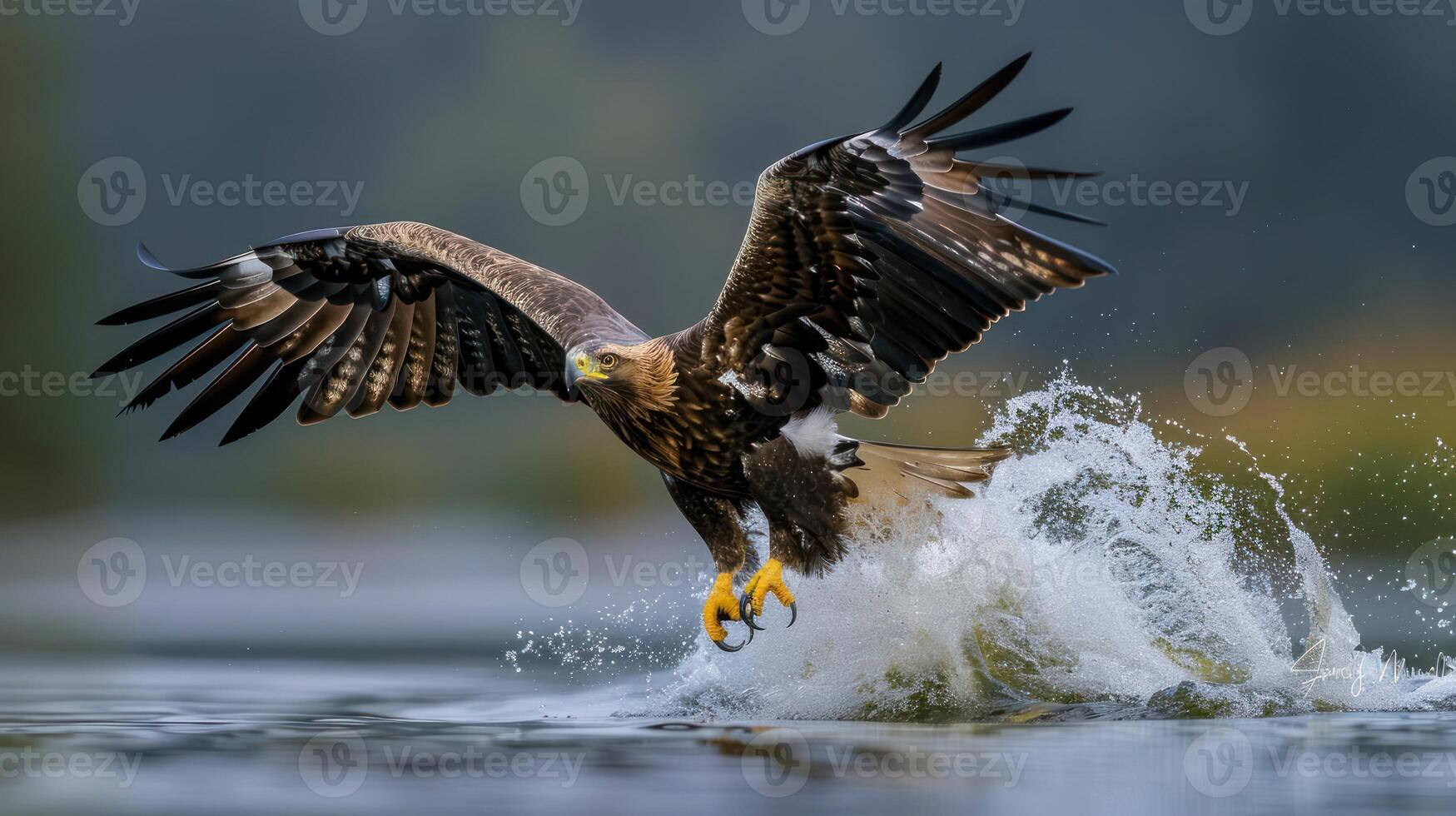 Majestic eagle soaring above a shimmering lake, splashing water as it hunts for fish photo