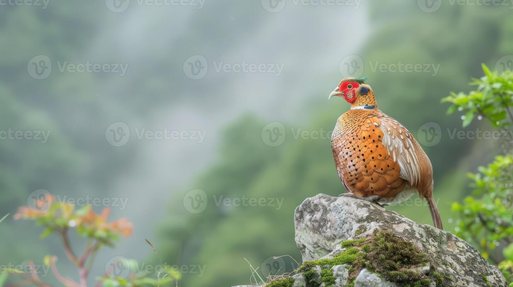 Vibrant pheasant perched on a mossy rock amidst a misty forest backdrop, showcasing nature's beauty photo