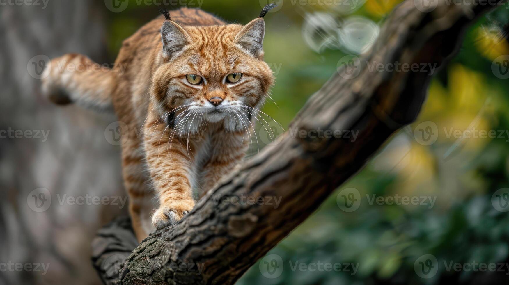 A lynx gracefully navigates a tree branch in a vibrant forest, showcasing its agility and focus photo