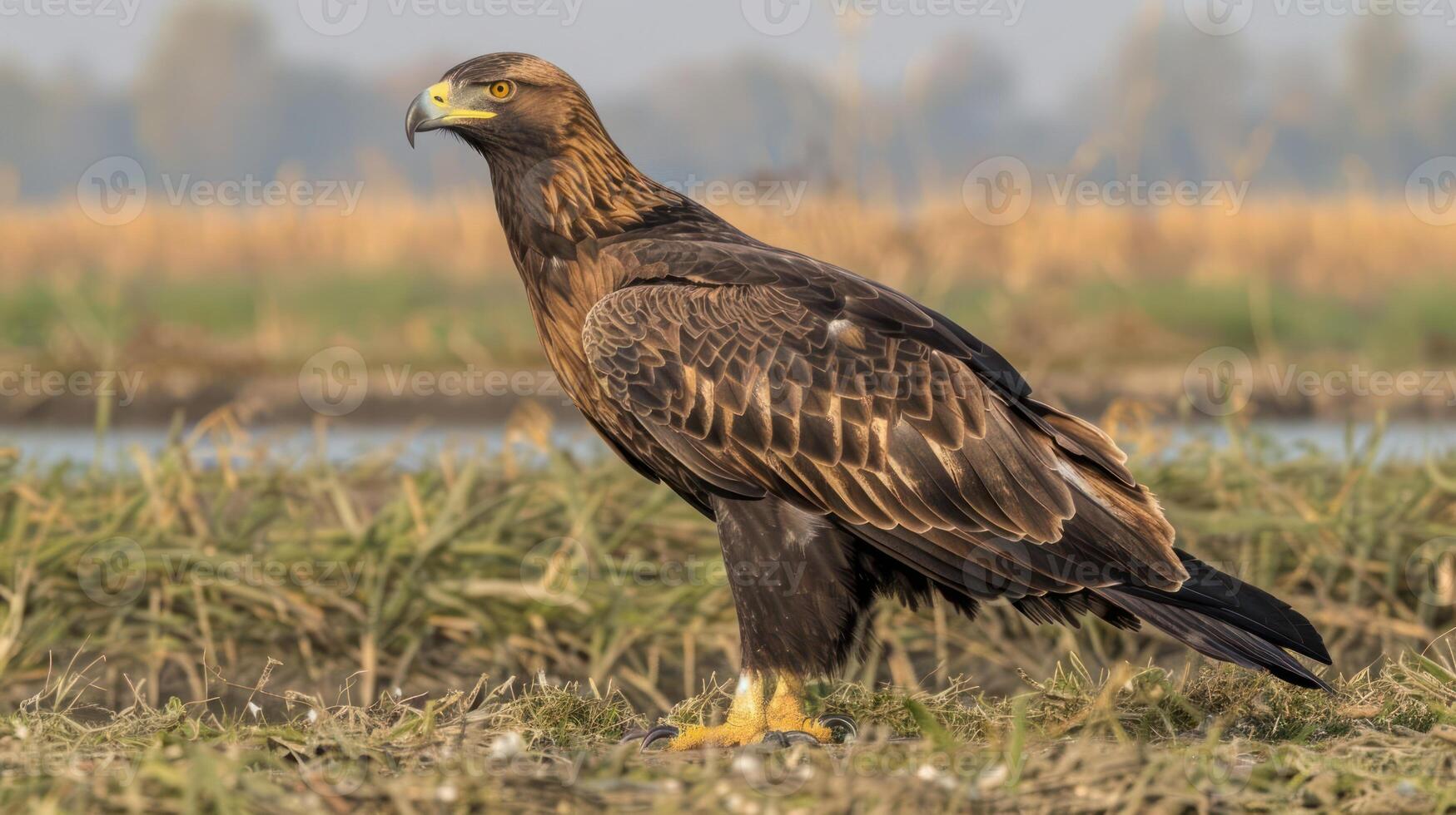 Majestic golden eagle standing on the ground near a serene wetland, showcasing its powerful presence photo