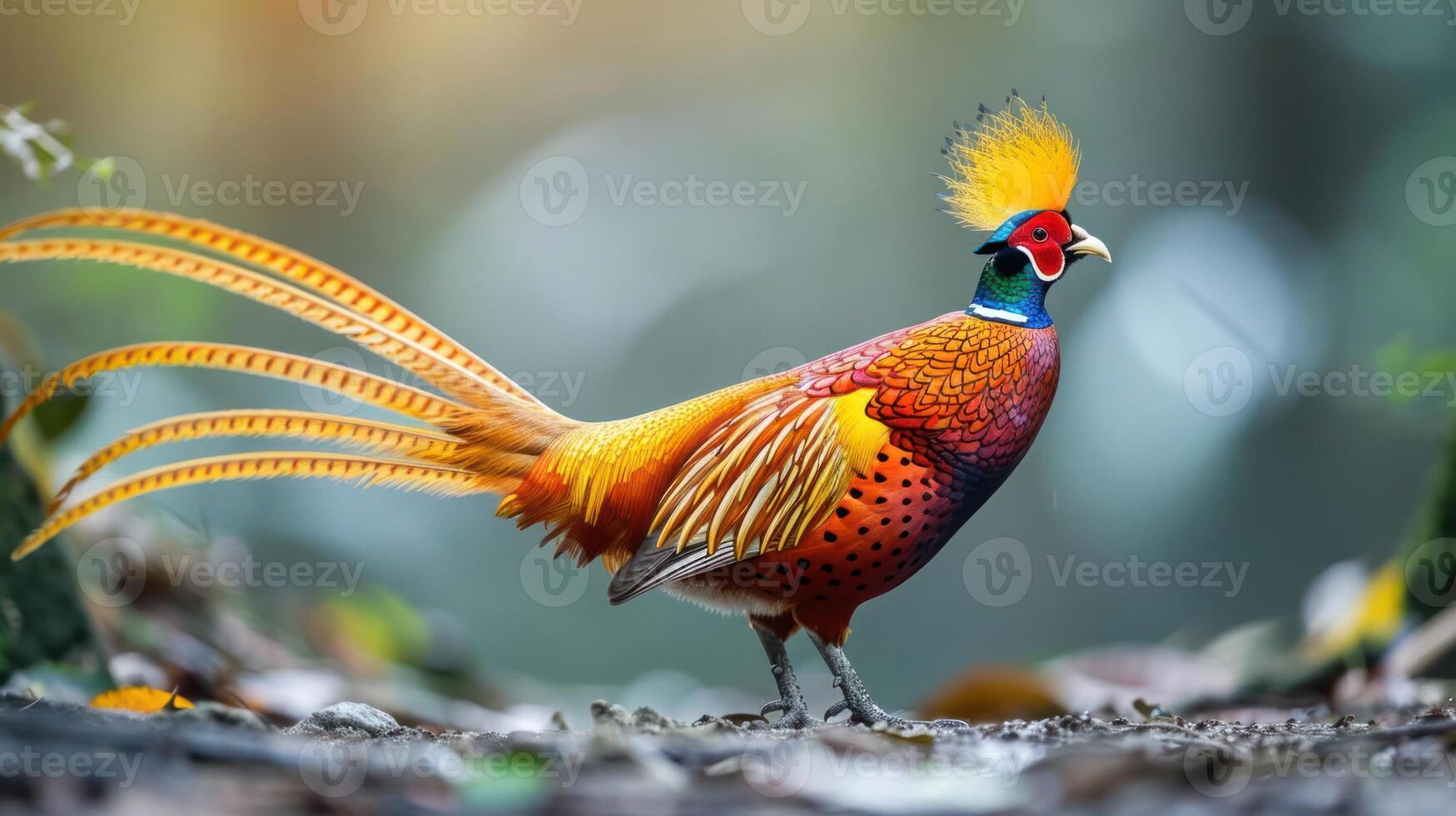 Vibrant pheasant showcasing its colorful plumage in a serene forest setting photo