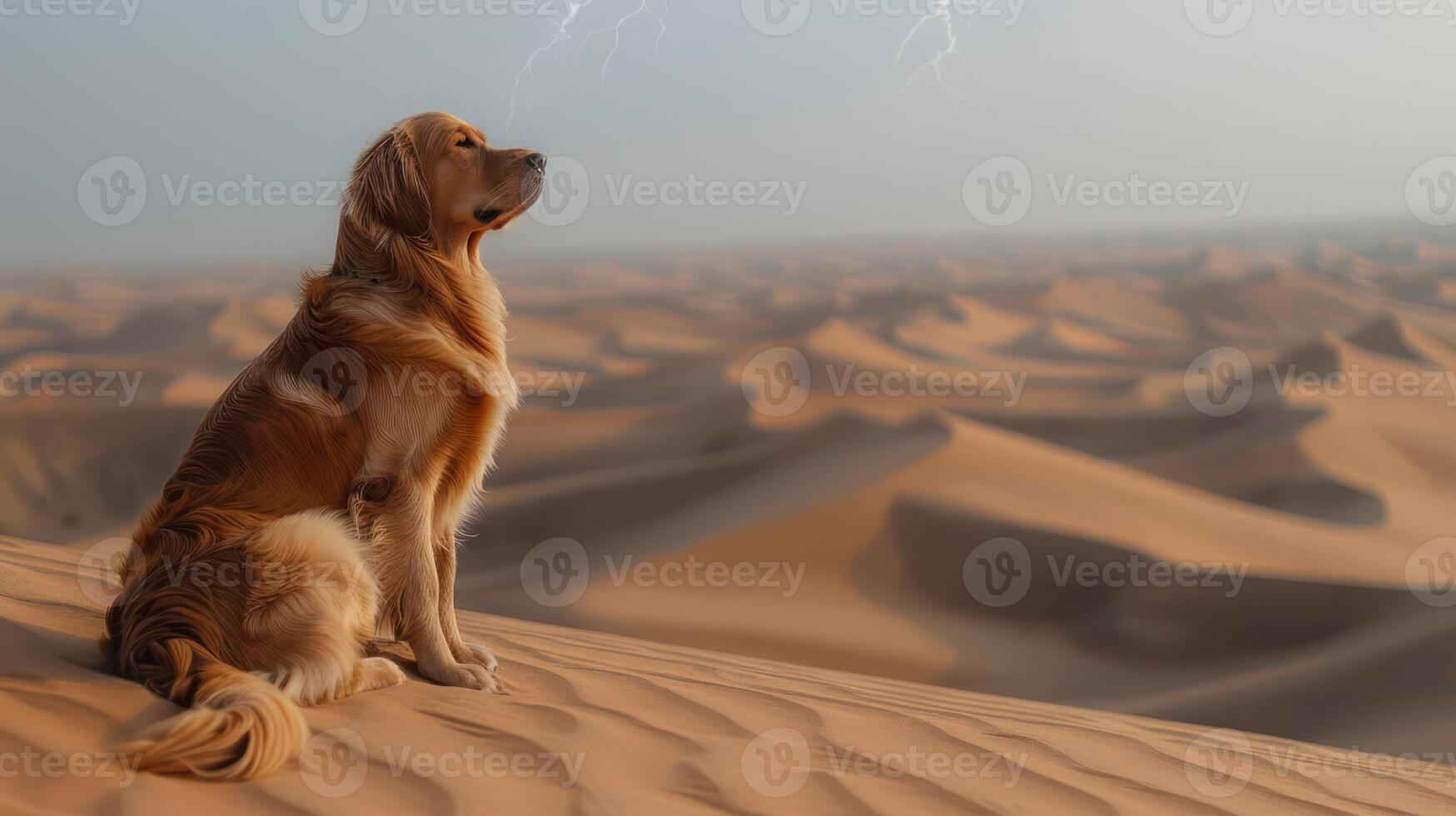 Golden retriever sitting on a sand dune under a stormy sky with lightning in the background photo