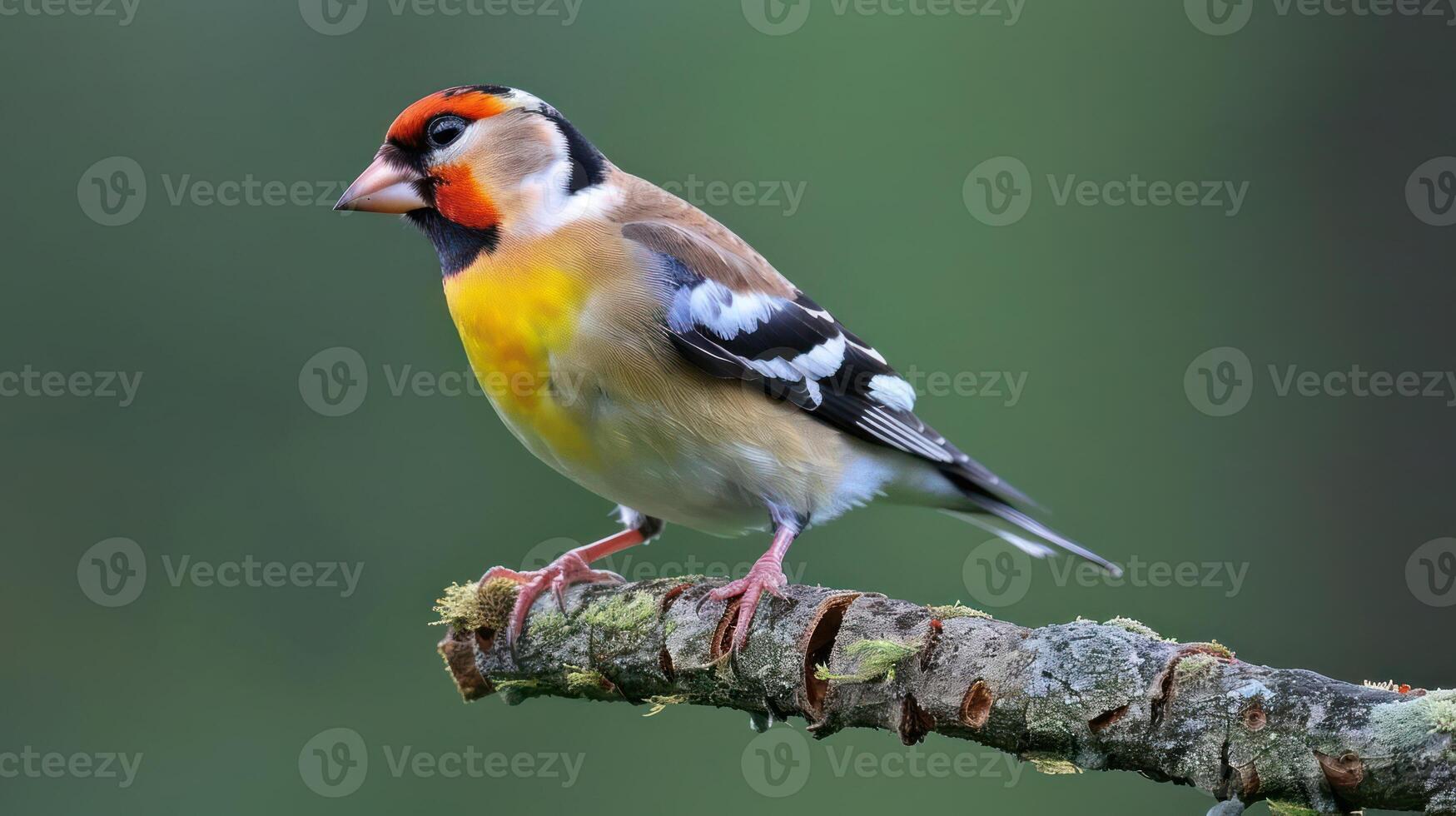 Colorful goldfinch perched on a branch, surrounded by a blurred green background, showcasing nature photo