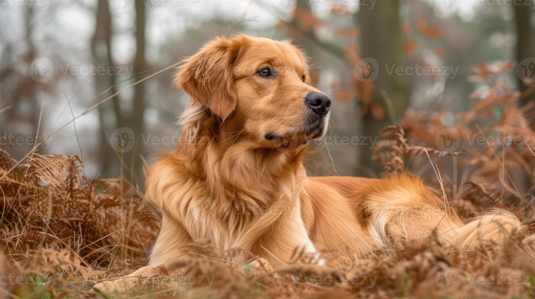 Golden retriever resting in autumn foliage, surrounded by trees and soft mist in the background photo