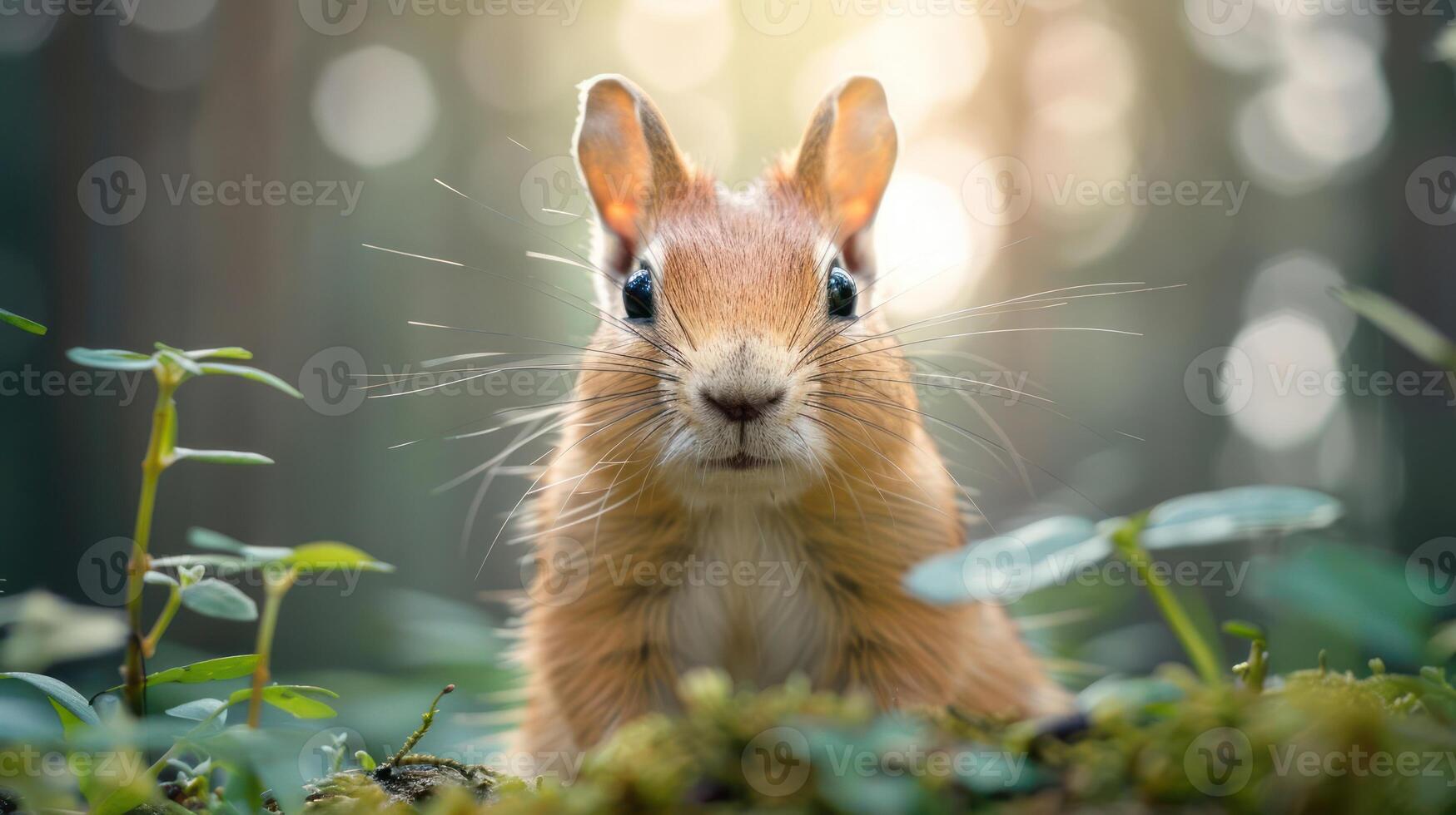 Close-up of a curious rabbit amidst lush greenery in a sunlit forest setting photo