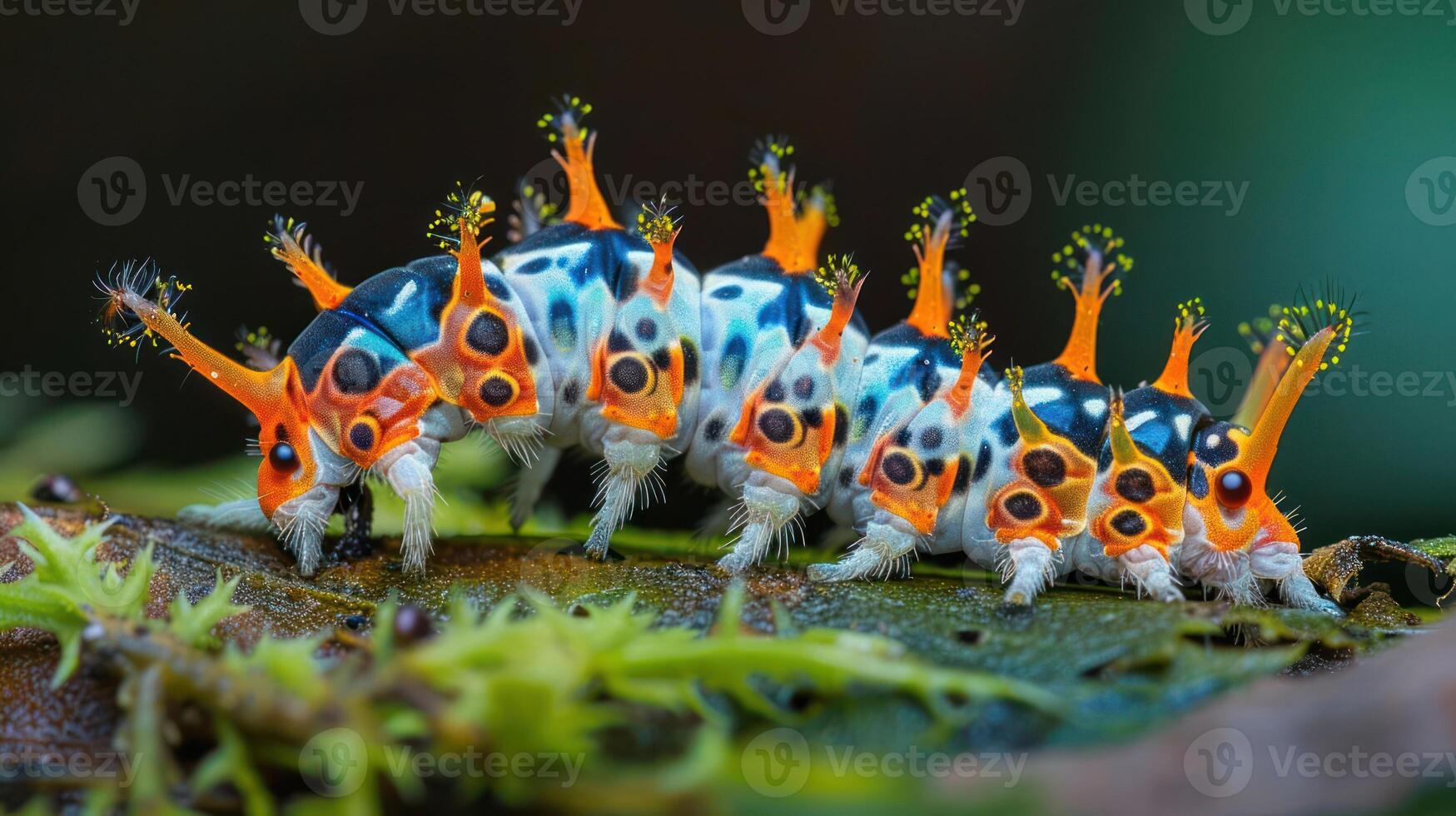 Colorful caterpillar crawling on a leaf, showcasing vibrant patterns in a lush green environment photo