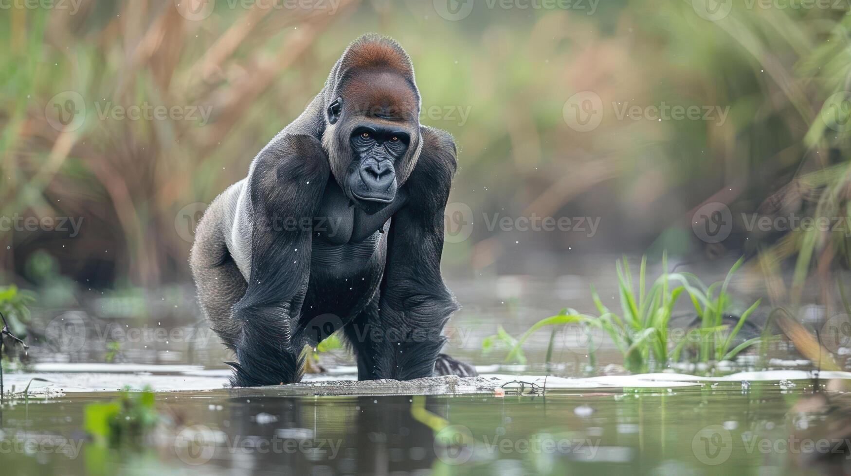 Majestic gorilla wading through tranquil waters surrounded by lush greenery and wildlife photo