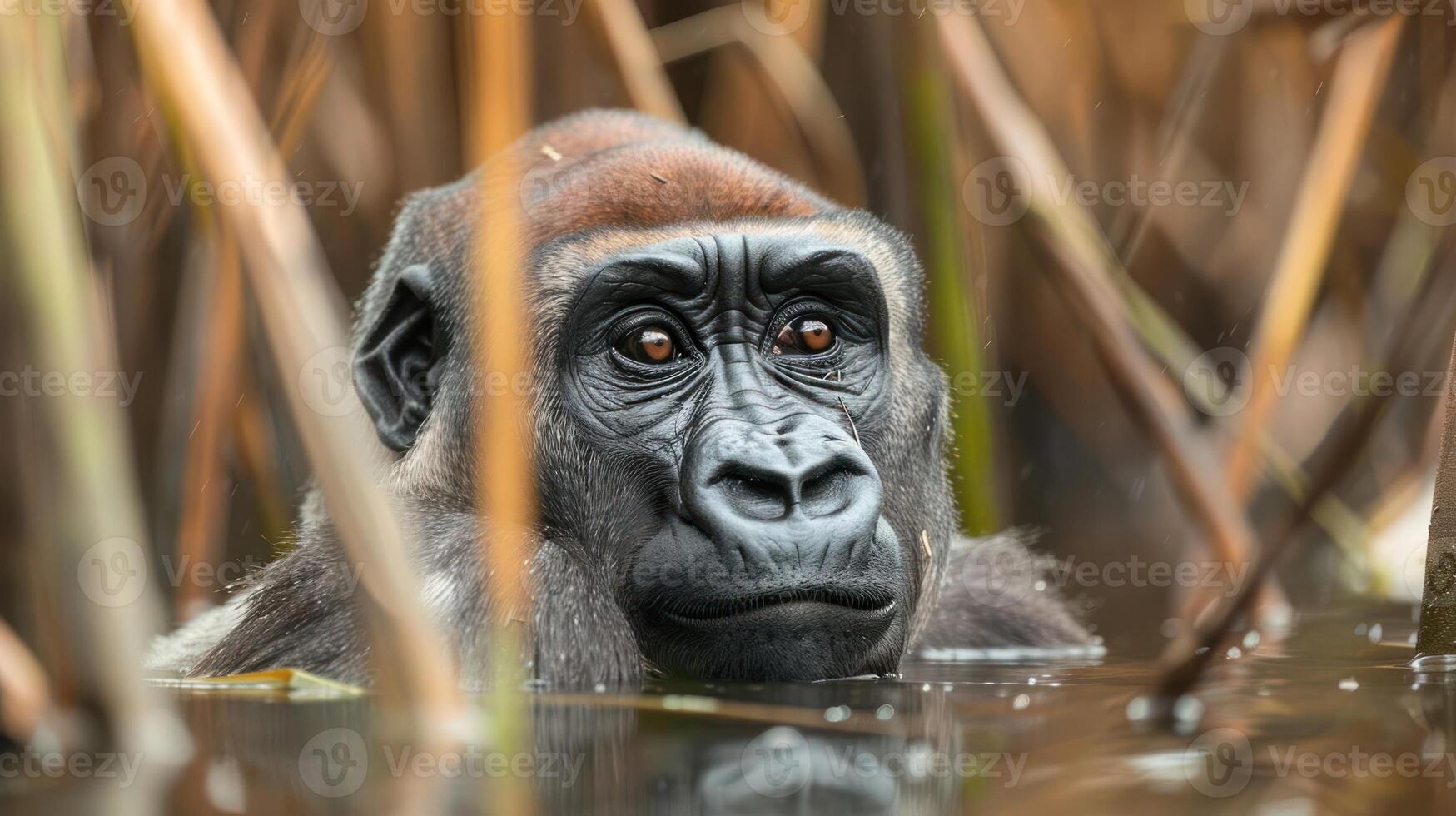 Close-up of a serene gorilla observing its surroundings in a lush wetland habitat photo
