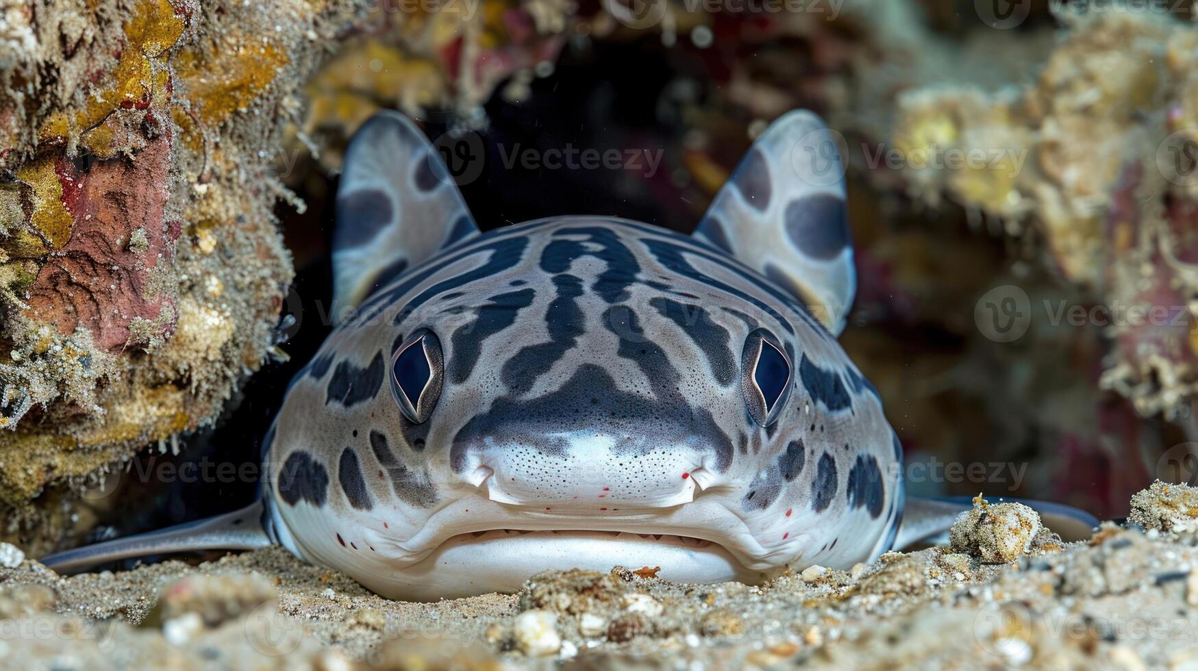 Close-up of a leopard shark resting in a coral reef with colorful marine life in the background photo