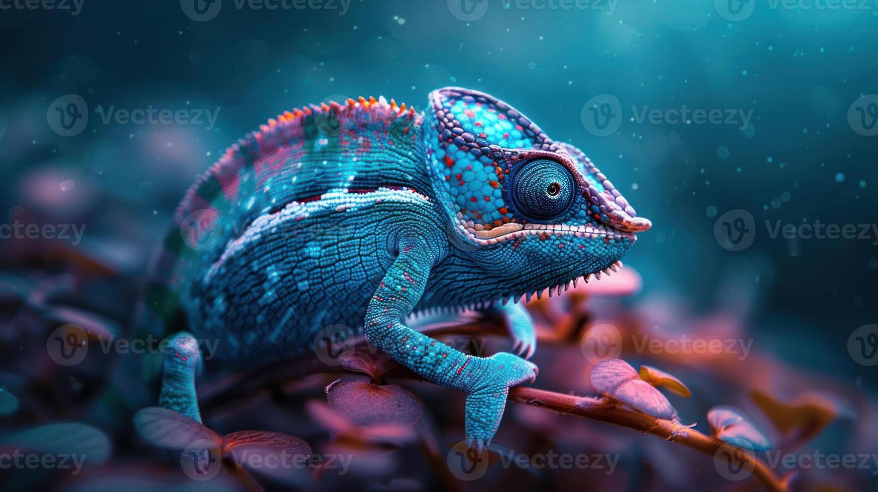 Vibrant chameleon perched on foliage, surrounded by a mystical, colorful environment photo