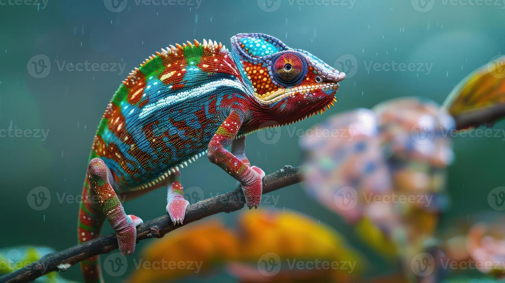 Colorful chameleon perched on a branch in a lush rainforest during a light rain, showcasing vibrant patterns photo