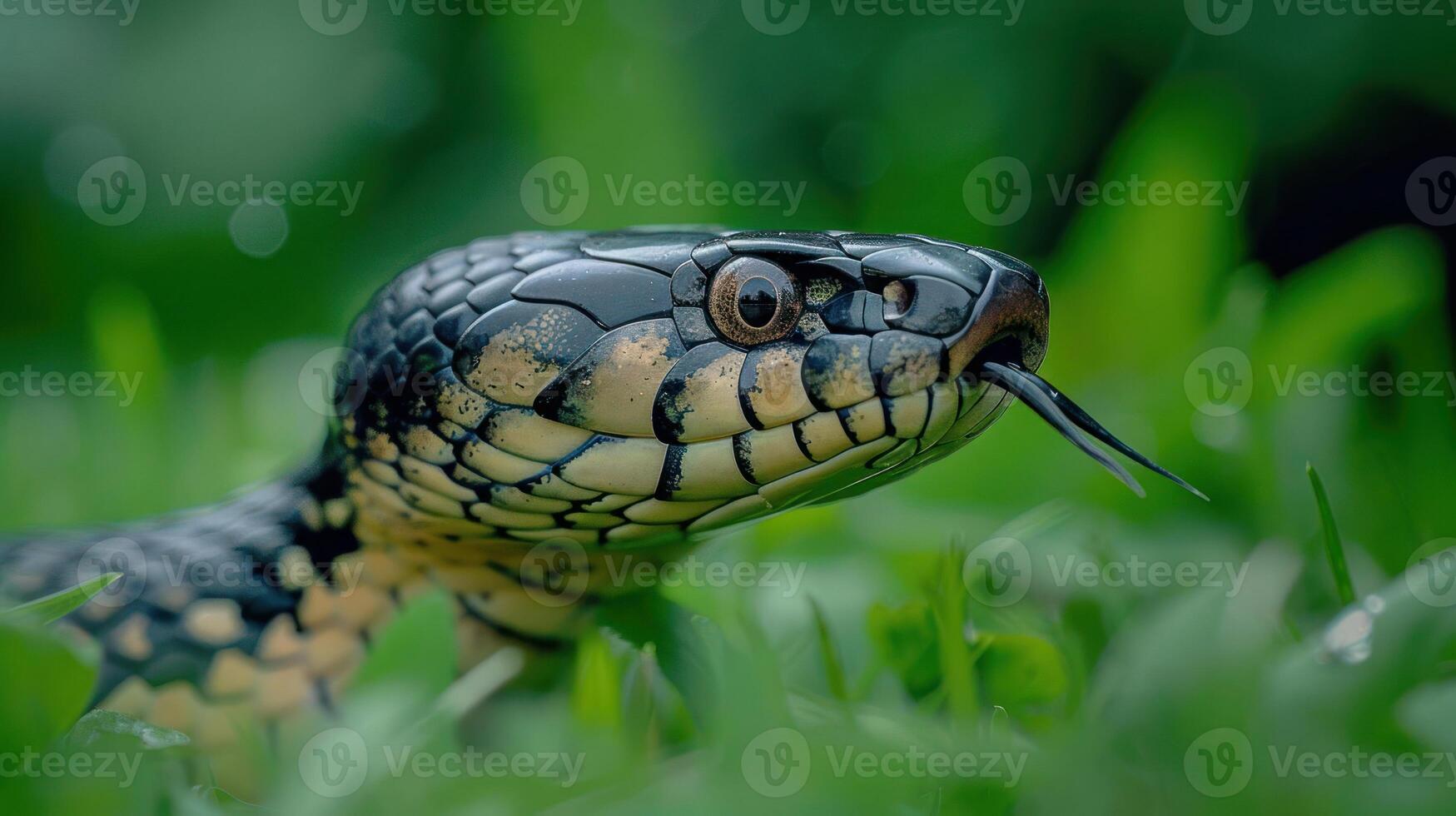 Close-up of a striking snake with a flicking tongue in a lush green environment, highlighting nature photo