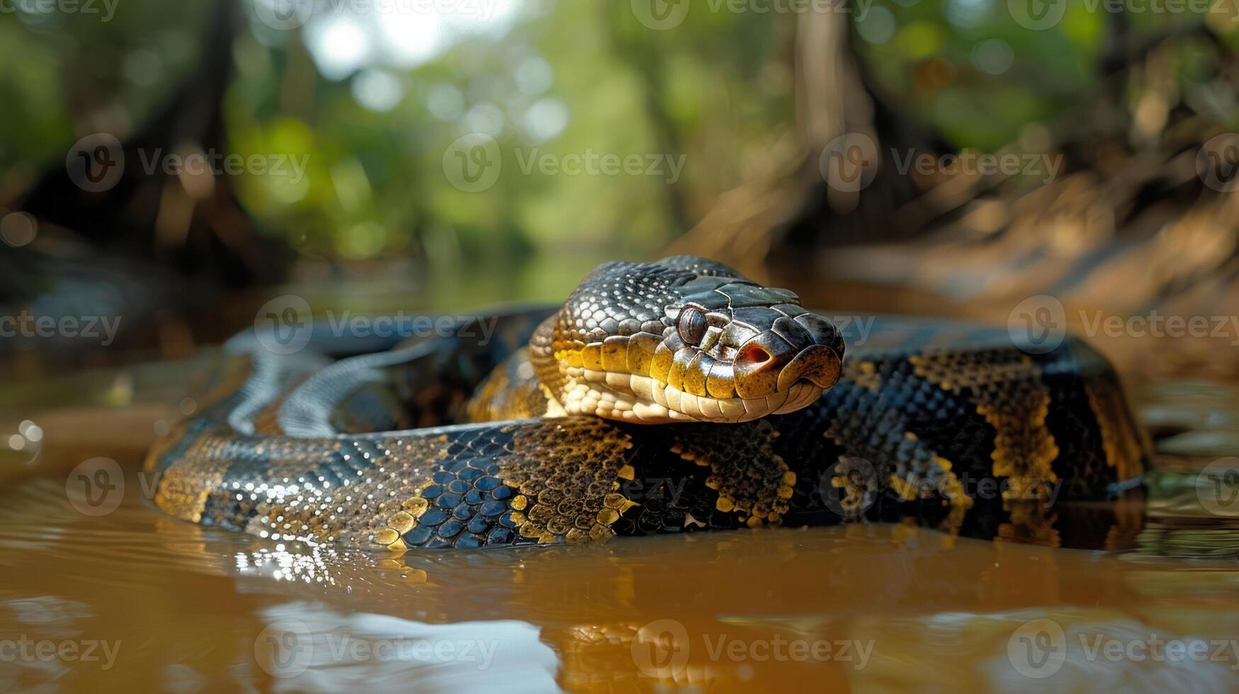 Close-up of a snake resting in a shallow river surrounded by lush greenery and trees photo