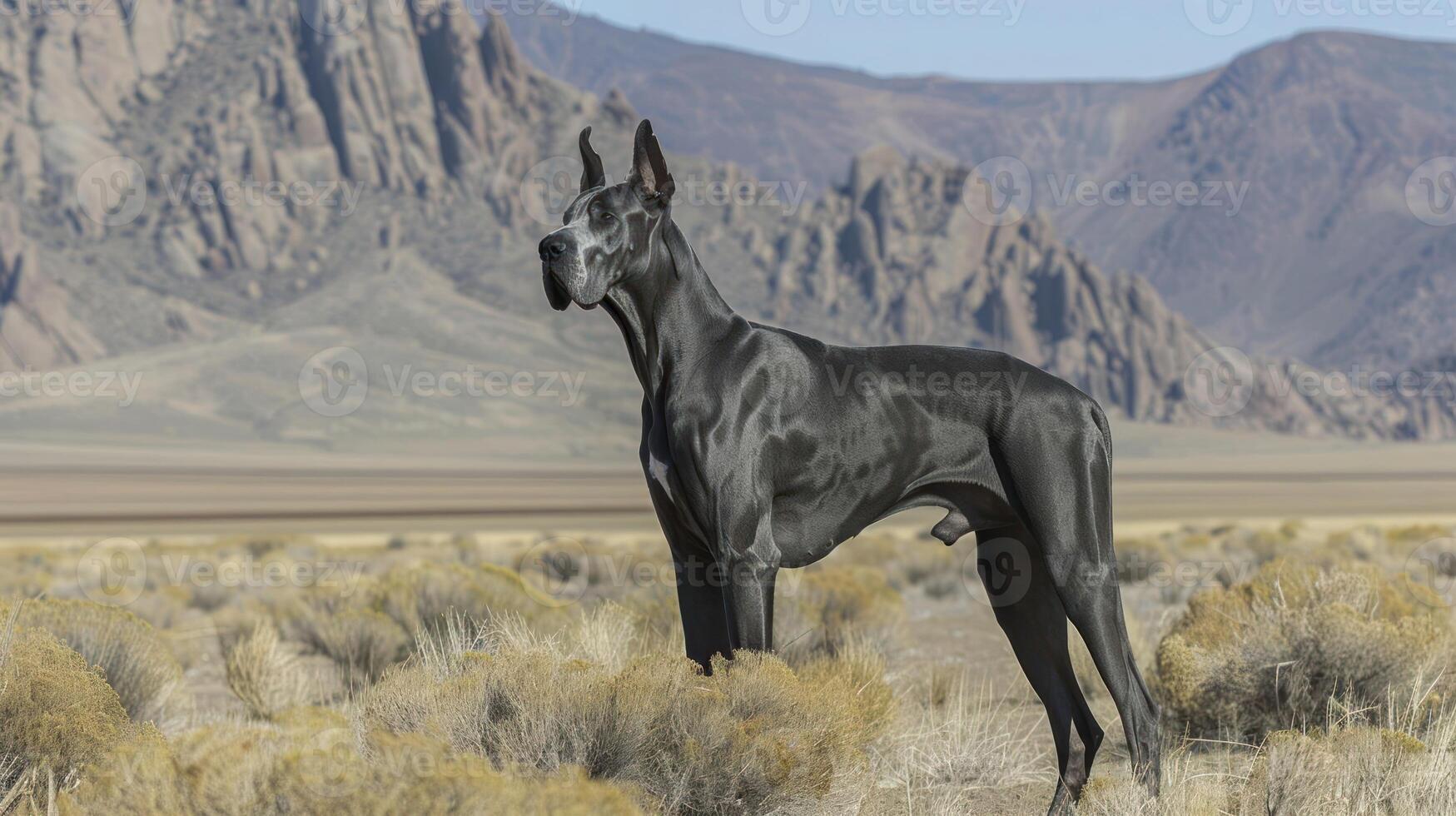 Majestic Great Dane standing in a vast desert landscape with mountains in the background photo