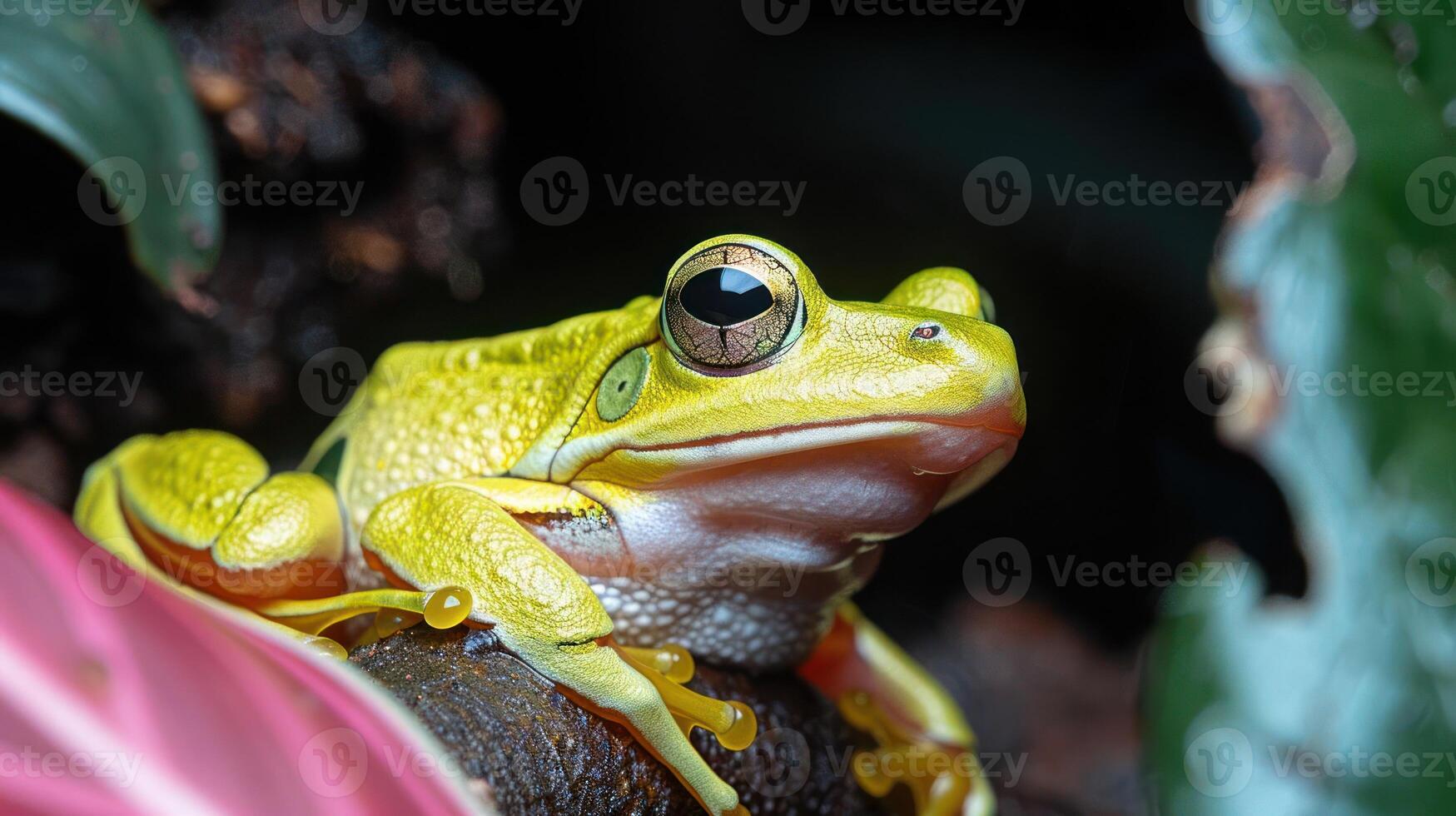 Close-up of a vibrant yellow tree frog perched on a log amidst lush green foliage in a tropical setting photo