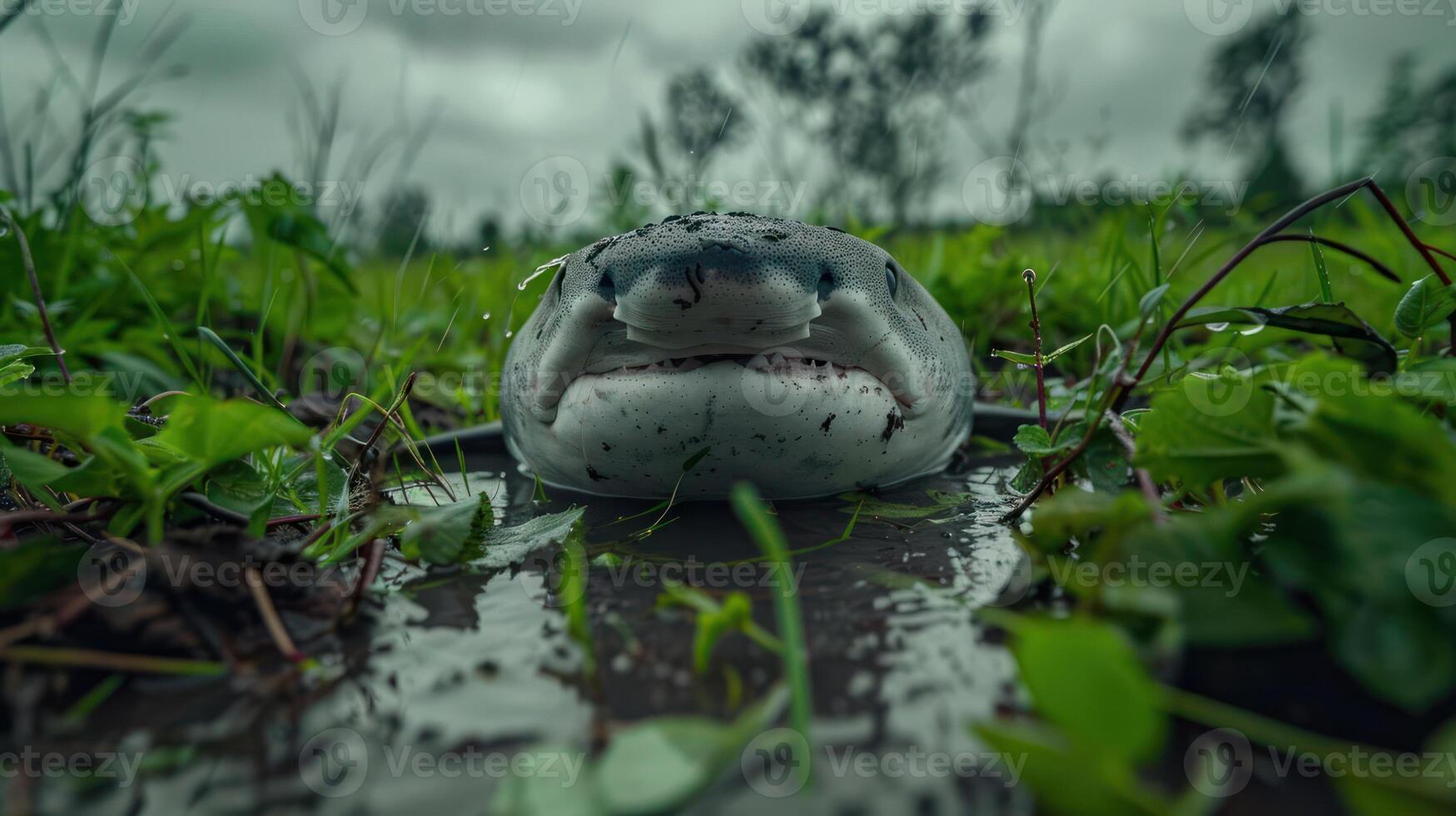 Close-up view of a fish resting in shallow water surrounded by lush green vegetation and overcast skies photo