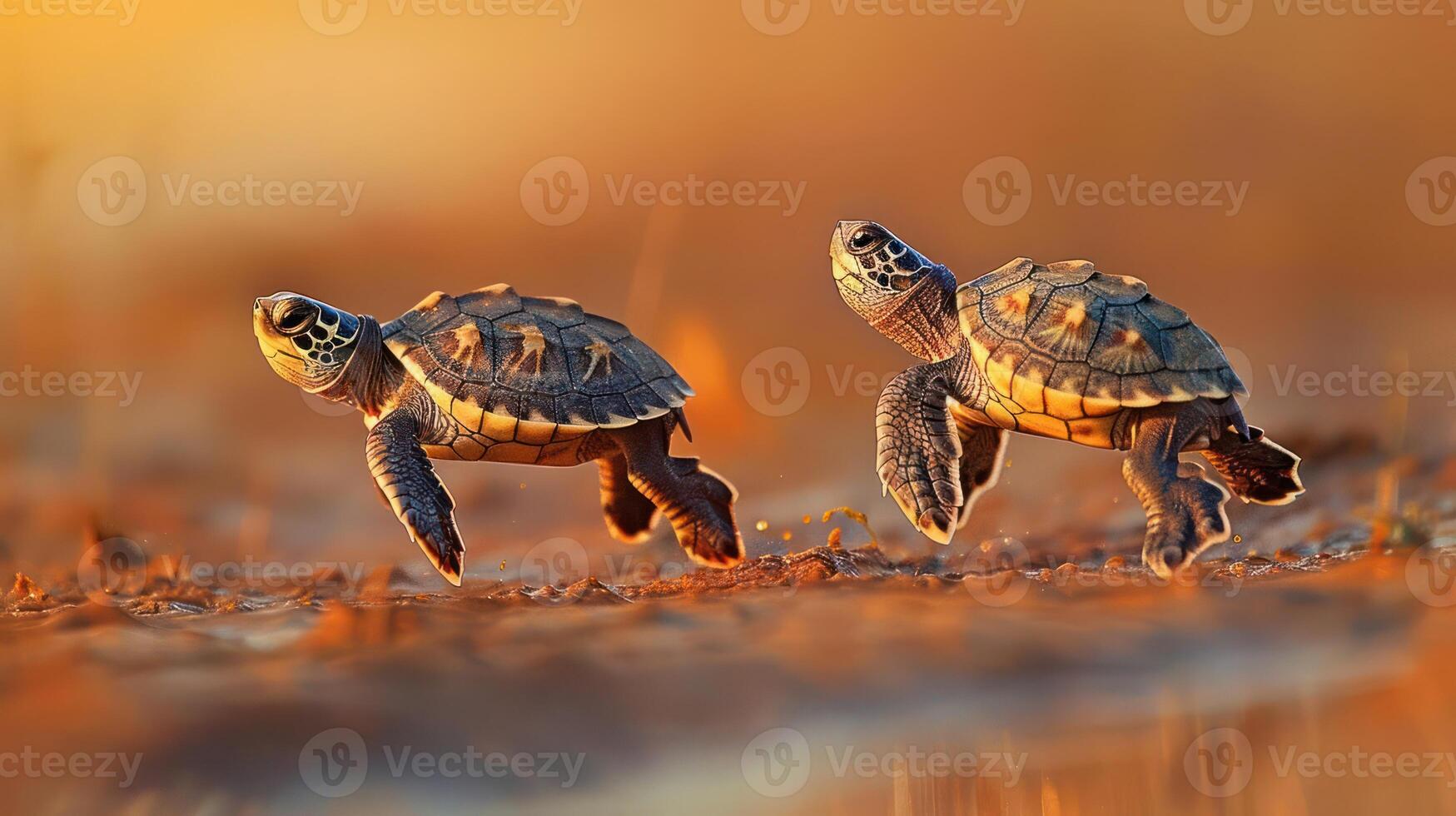 Two baby turtles making their way across sandy terrain during sunset, with a warm glow in the background photo