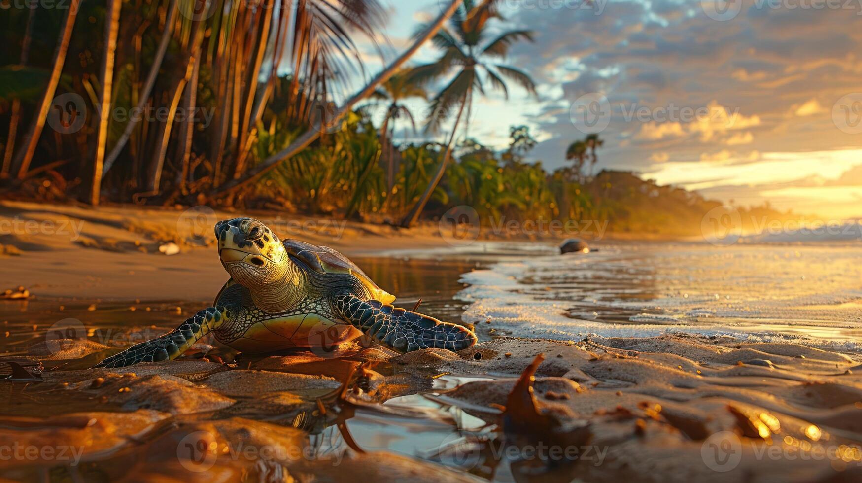 A sea turtle emerging onto a tranquil beach at sunset, surrounded by lush palm trees and gentle waves photo