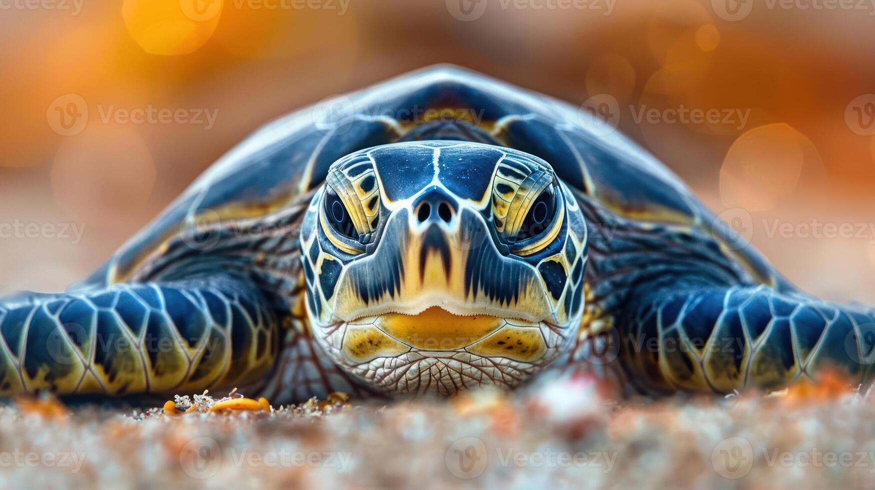 Close-up of a serene sea turtle resting on sandy beach with soft bokeh background photo