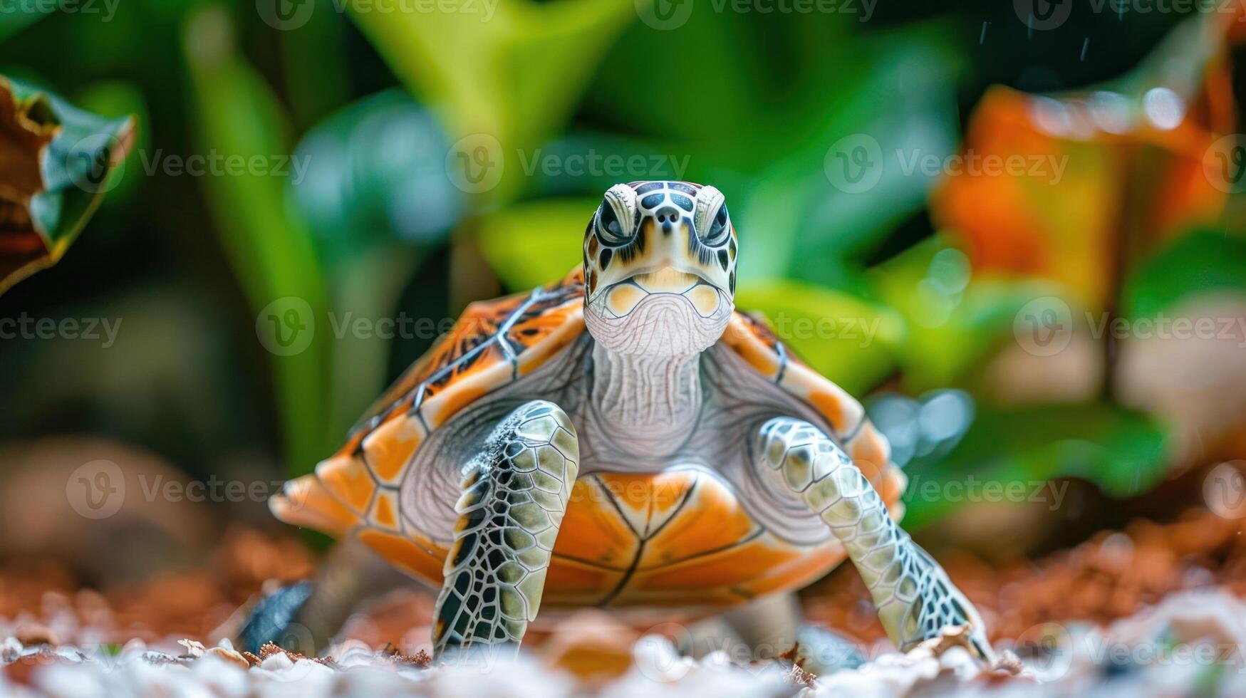 Close-up of a vibrant turtle in a lush aquatic environment with blurred green foliage photo