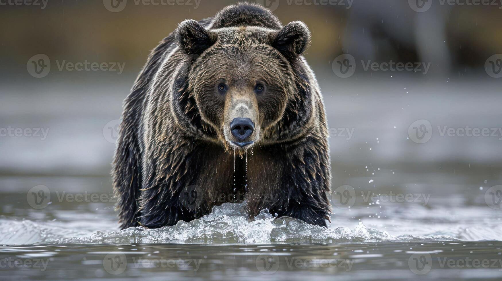 Majestic bear wading through water in a serene natural landscape with soft reflections photo