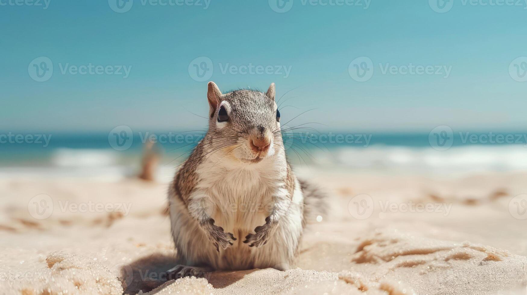 A curious squirrel sitting on a sandy beach, with waves lapping in the background under a clear sky photo