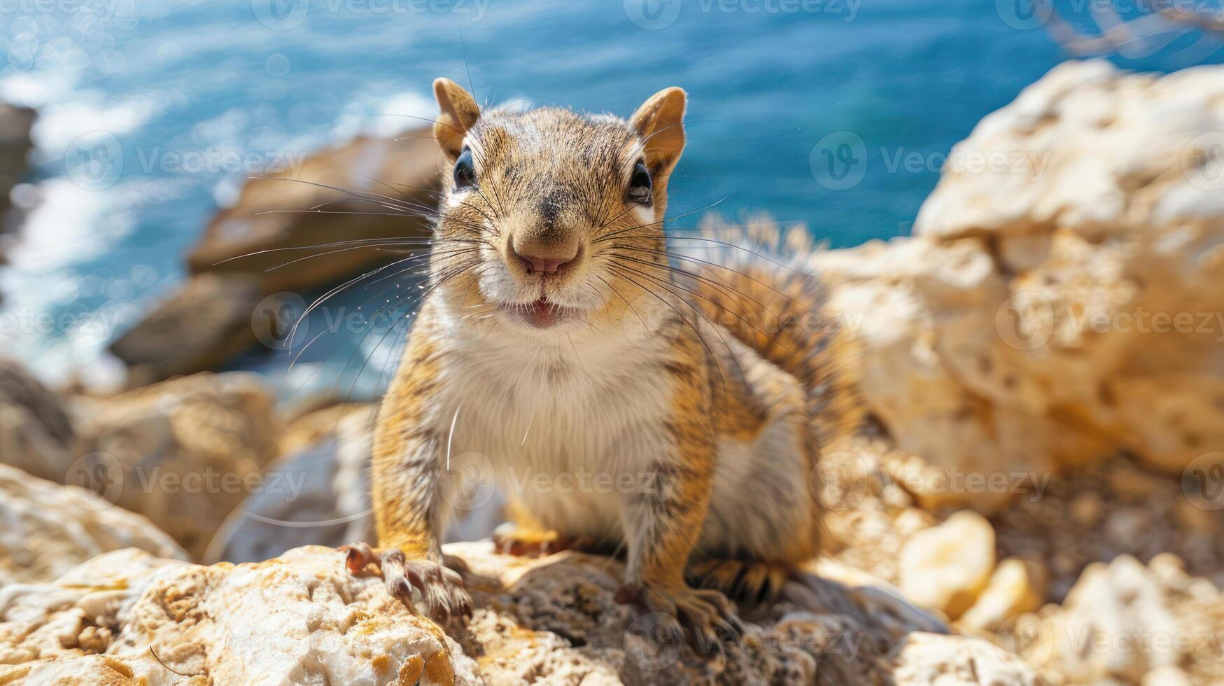 Close-up of a curious squirrel perched on rocky terrain by the ocean, with waves crashing in the background photo
