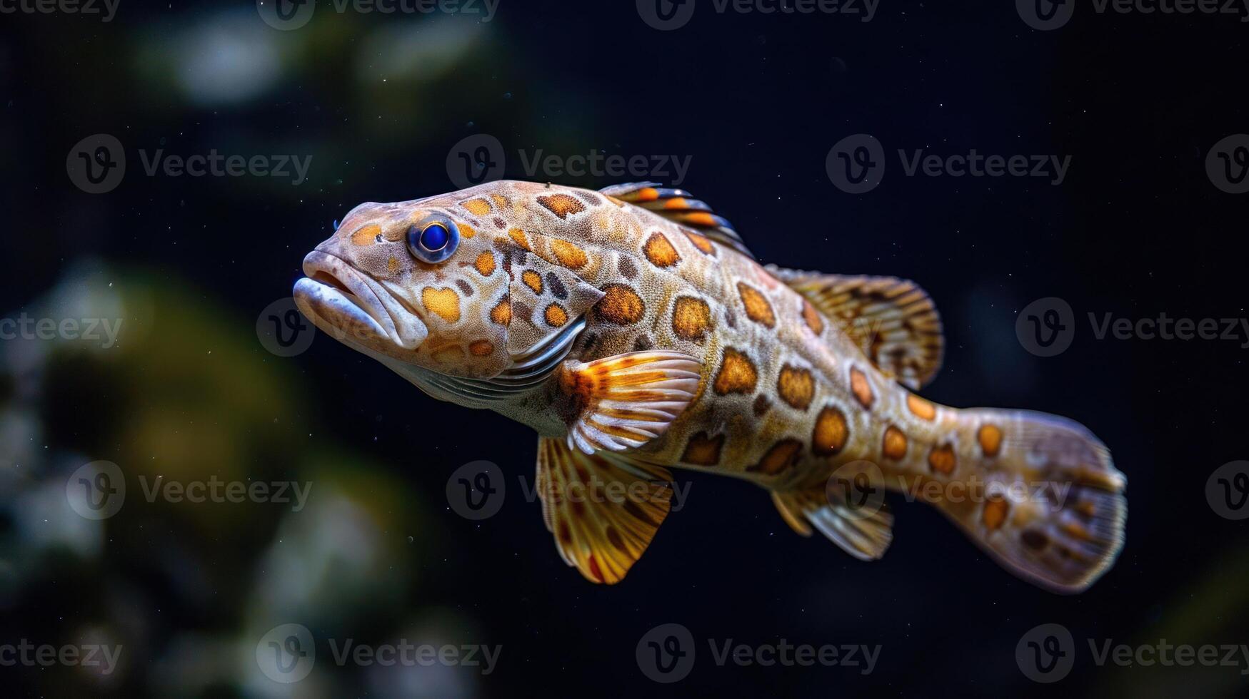 Colorful fish swimming gracefully in a dark underwater environment, showcasing its vibrant patterns photo