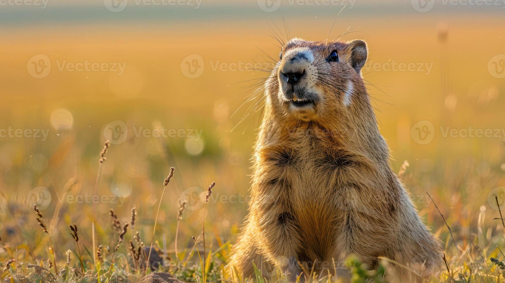 A curious marmot gazes upwards in a sunlit meadow surrounded by golden grasses at dusk photo