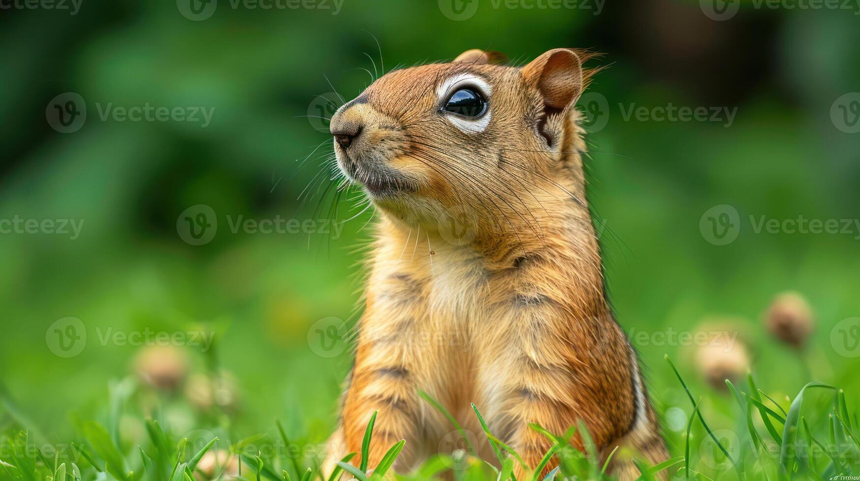 Close-up of a curious squirrel sitting on green grass, surrounded by nature and soft sunlight photo