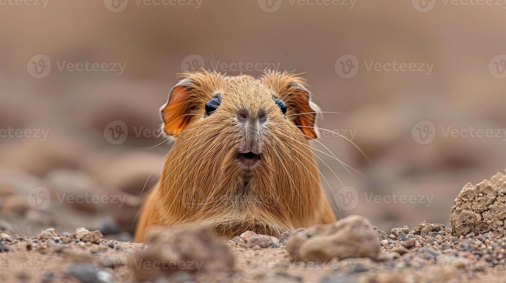Close-up of a guinea pig with long hair, set against a blurred rocky background in nature photo