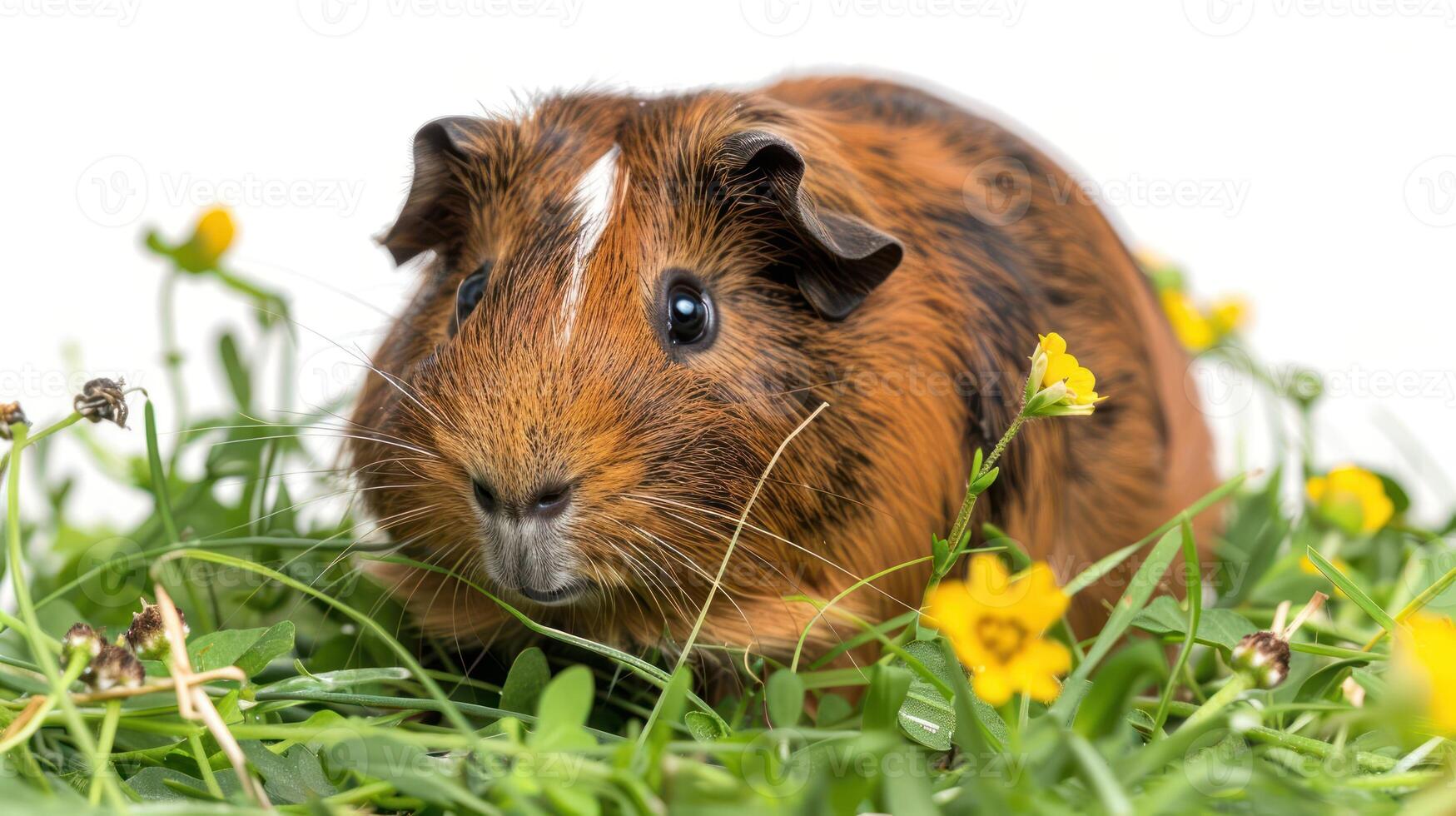 Adorable guinea pig surrounded by vibrant green grass and colorful flowers in a bright setting photo