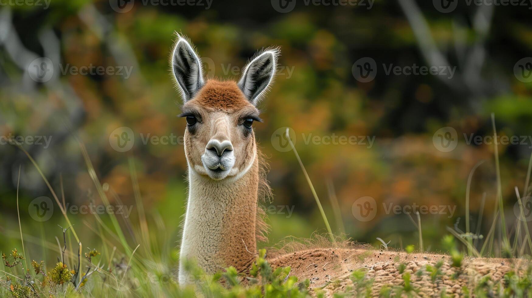 Close-up of a curious llama in a lush green landscape with blurred background foliage photo