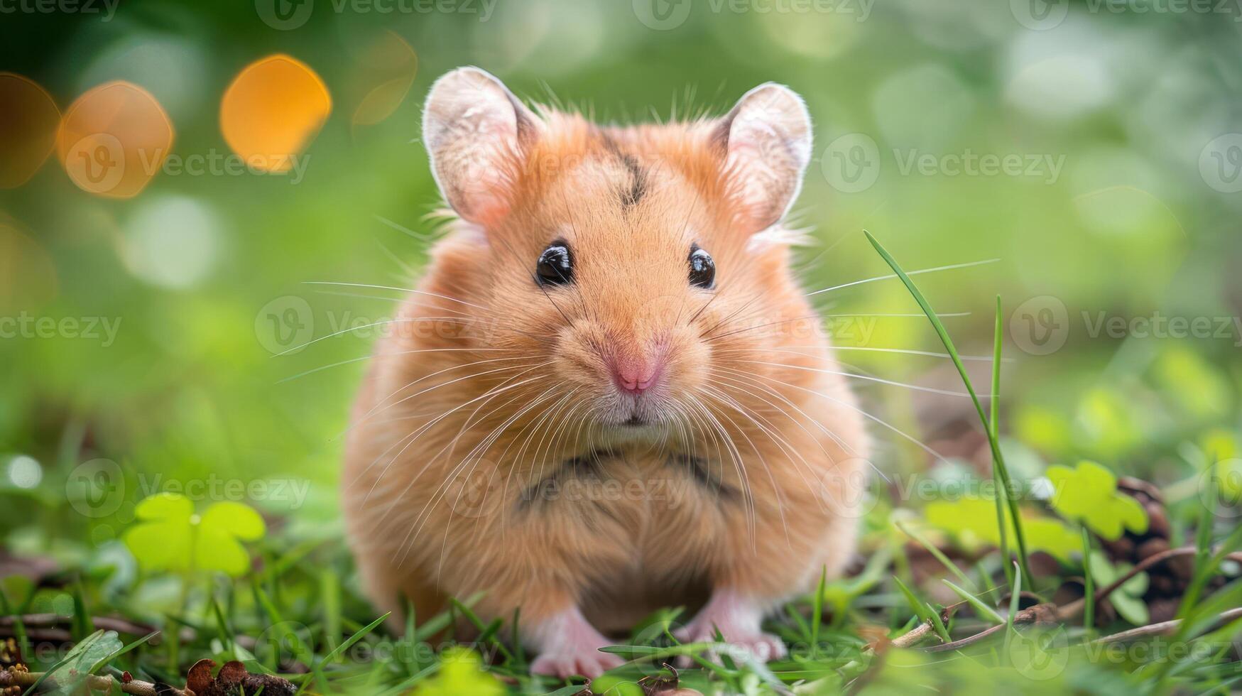 Close-up of a fluffy golden hamster sitting on lush green grass with soft bokeh background photo