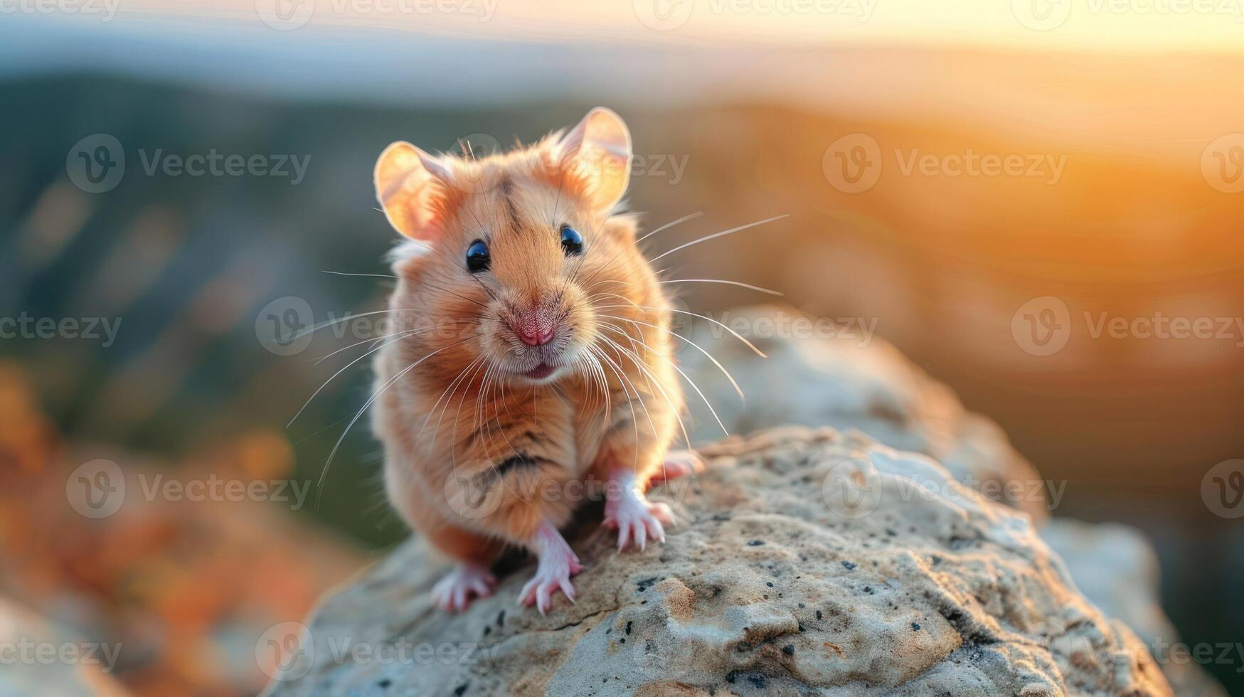 Cute golden hamster perched on a rock during sunset, surrounded by a beautiful landscape photo