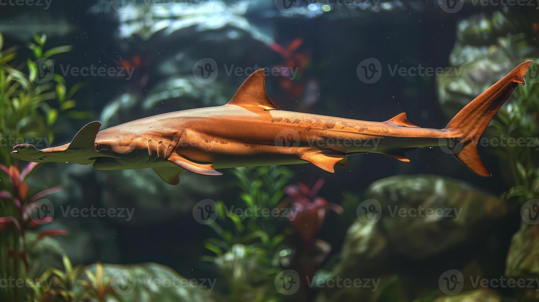 A graceful shark gliding through a vibrant aquarium filled with lush aquatic plants photo