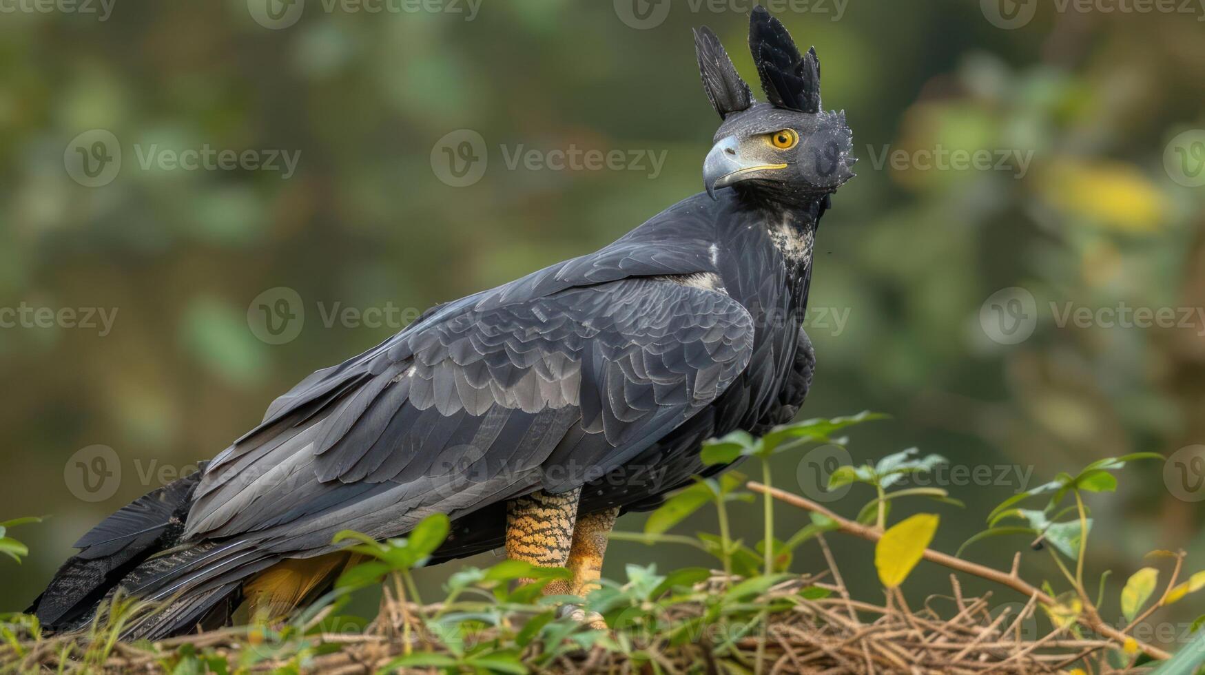 Majestic bird of prey perched on foliage, showcasing its striking features in a lush environment photo