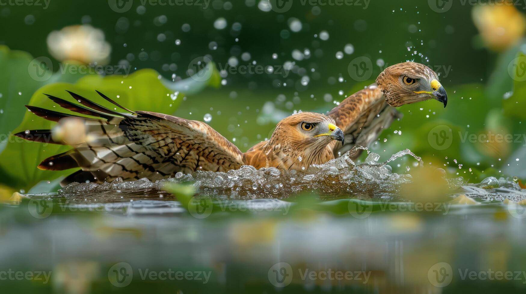 Two hawks splashing in a serene pond surrounded by lush greenery and blooming flowers photo