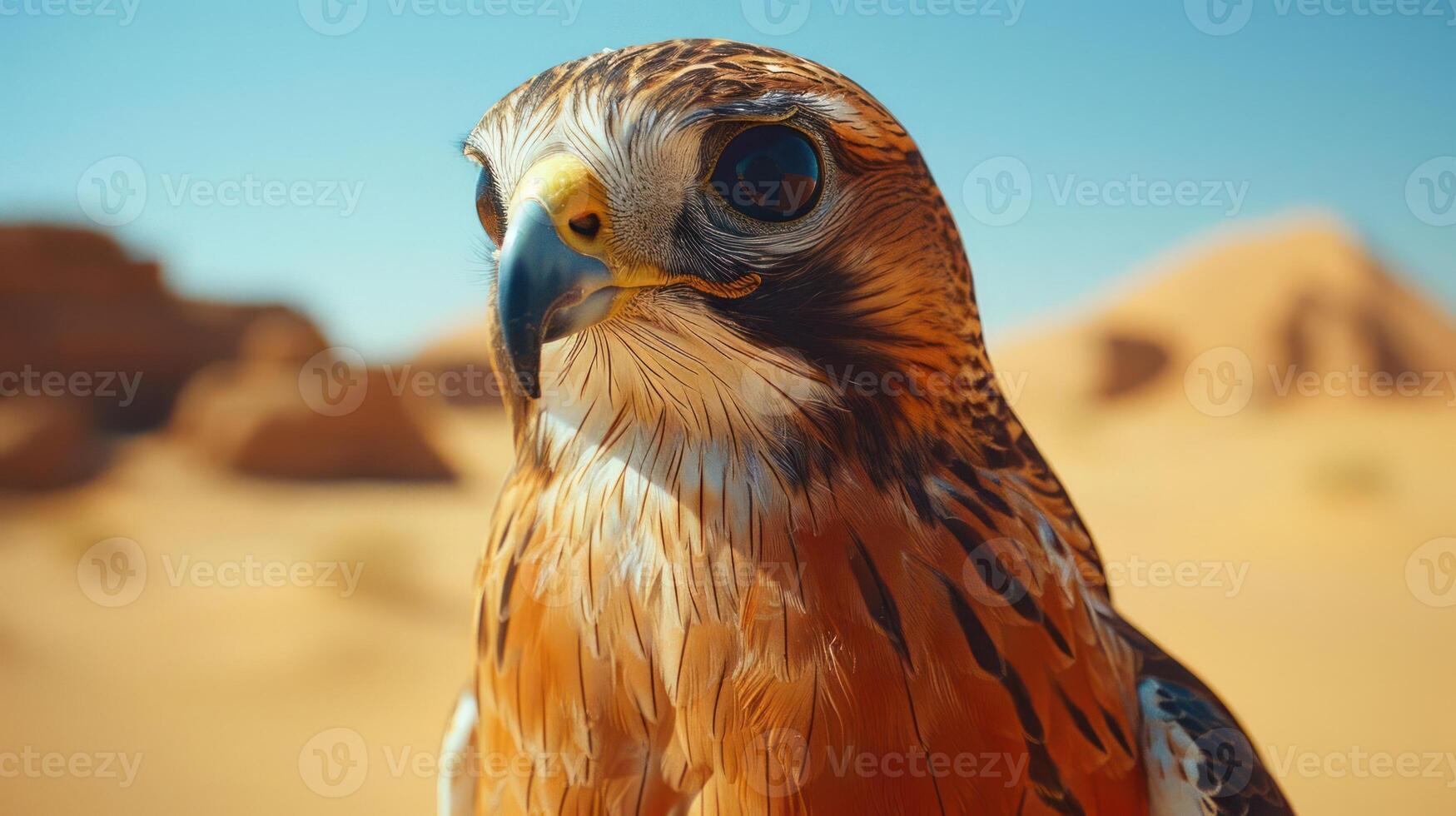 Close-up of a majestic hawk in a desert landscape with soft dunes and clear blue sky photo