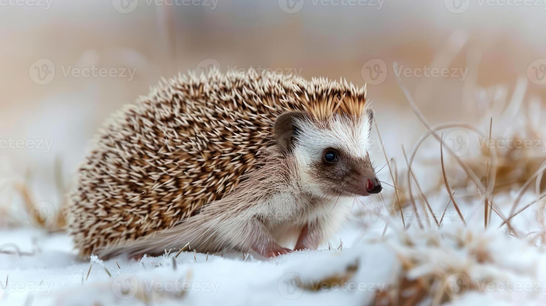 A hedgehog foraging in a snowy landscape, surrounded by soft grass and winter scenery photo