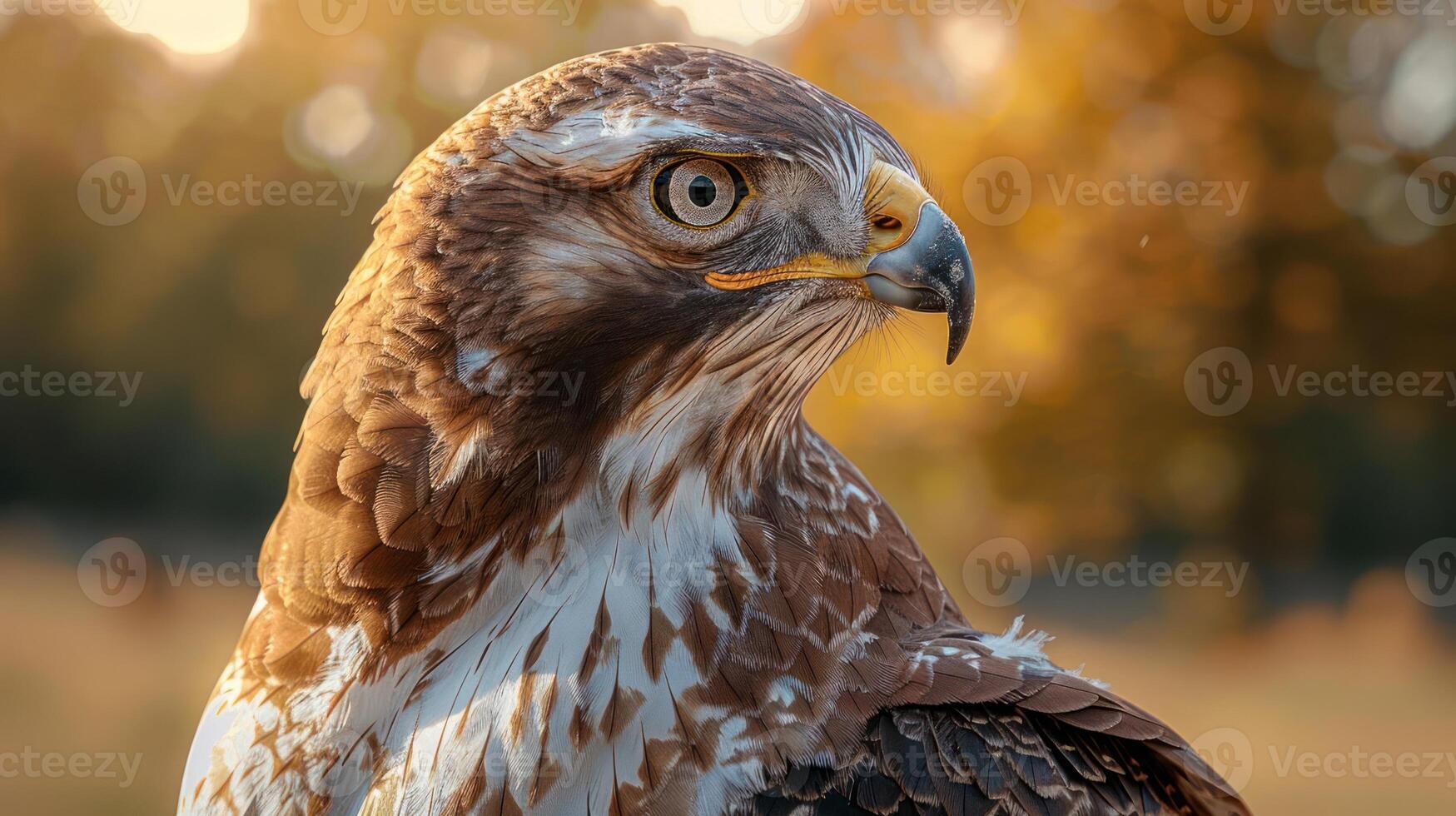 Close-up of a majestic hawk in golden sunlight, perched in a serene natural landscape photo