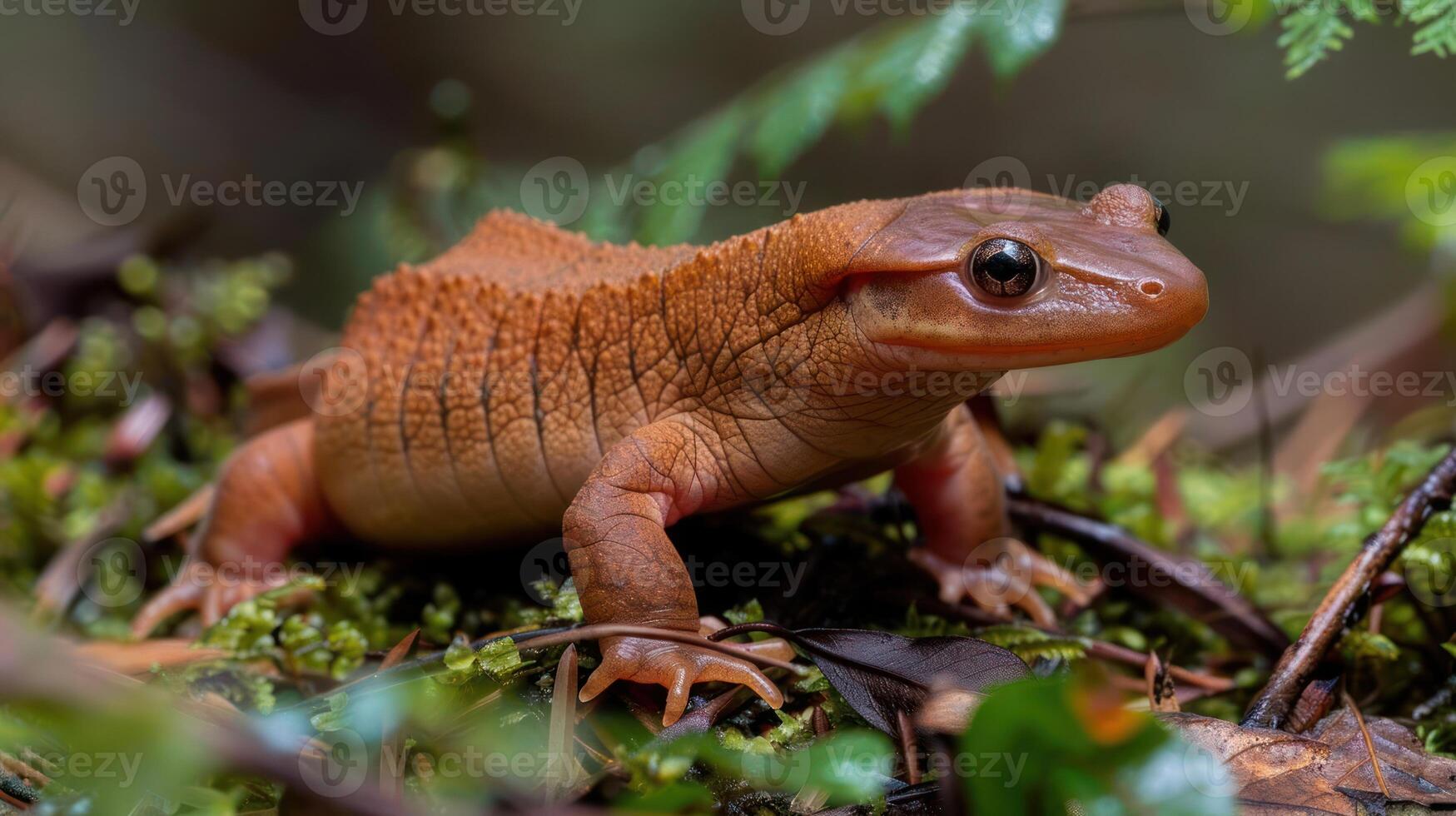 Close-up of a vibrant amphibian resting on lush green moss in a tranquil forest setting photo