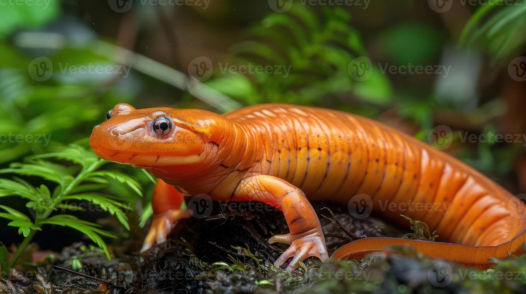 Vibrant orange salamander perched on mossy log amidst lush greenery in a serene forest photo