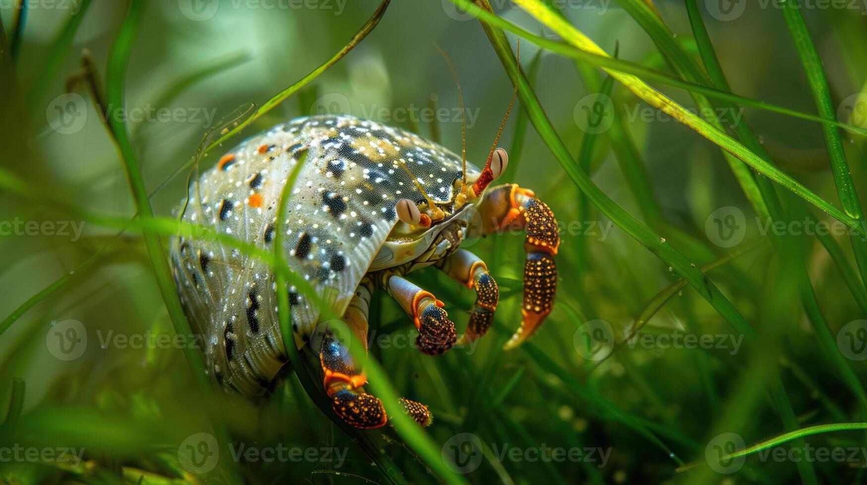 Close-up of a colorful crab navigating through lush underwater vegetation in a serene aquatic environment photo