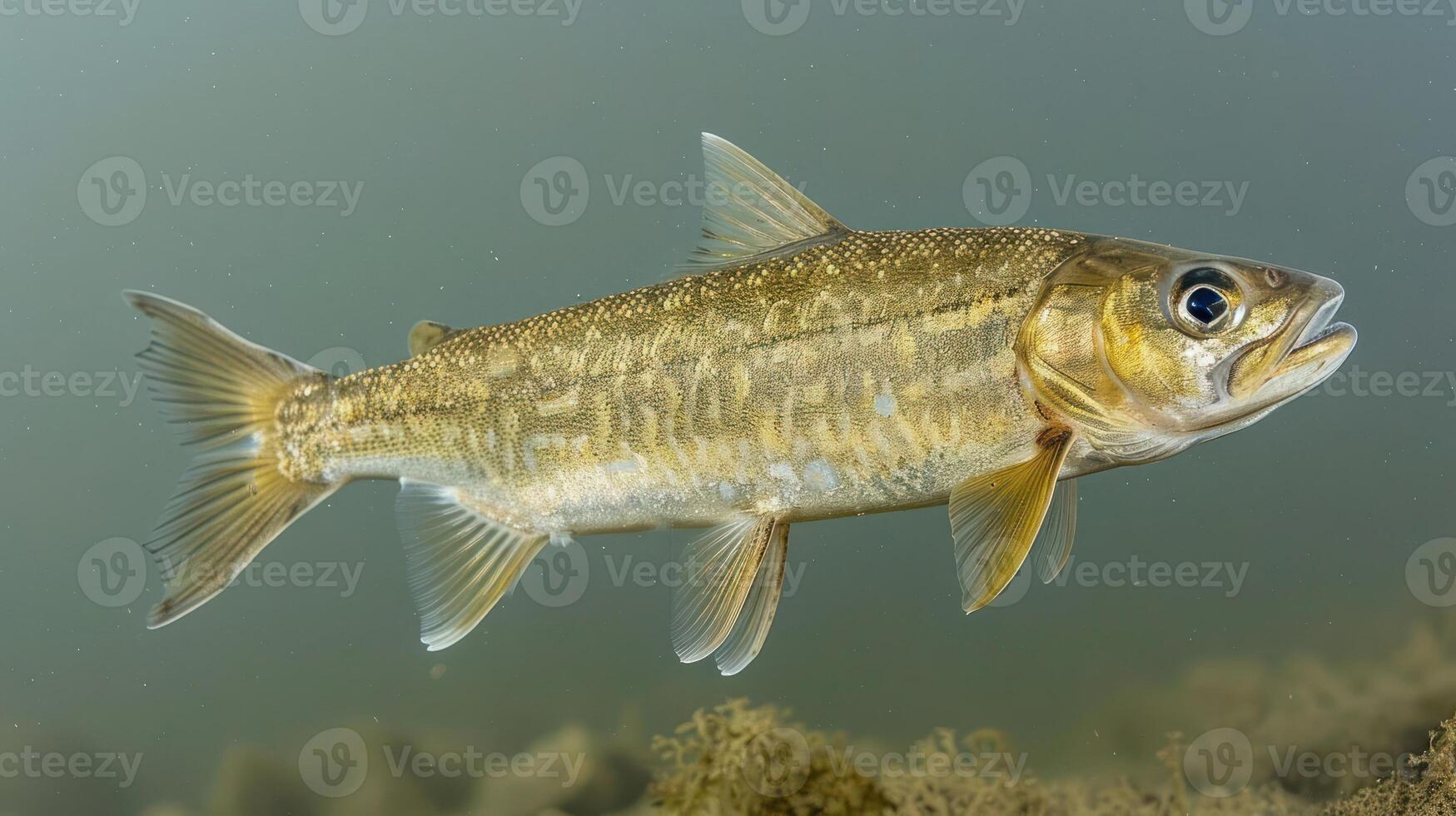 Underwater view of a fish swimming gracefully through a serene aquatic environment photo