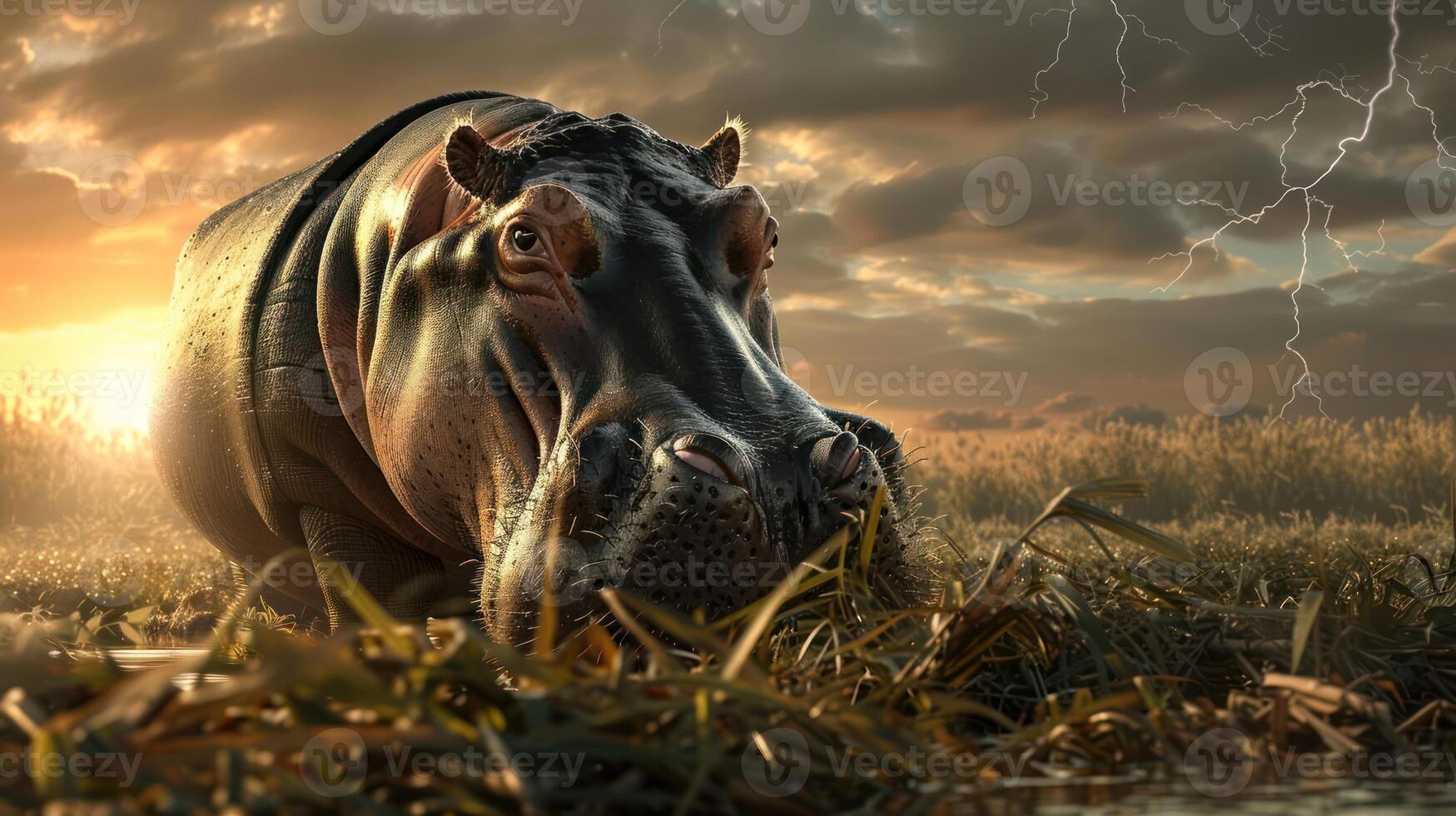 Hippo grazing in a wetland at sunset with dramatic clouds and lightning in the background photo